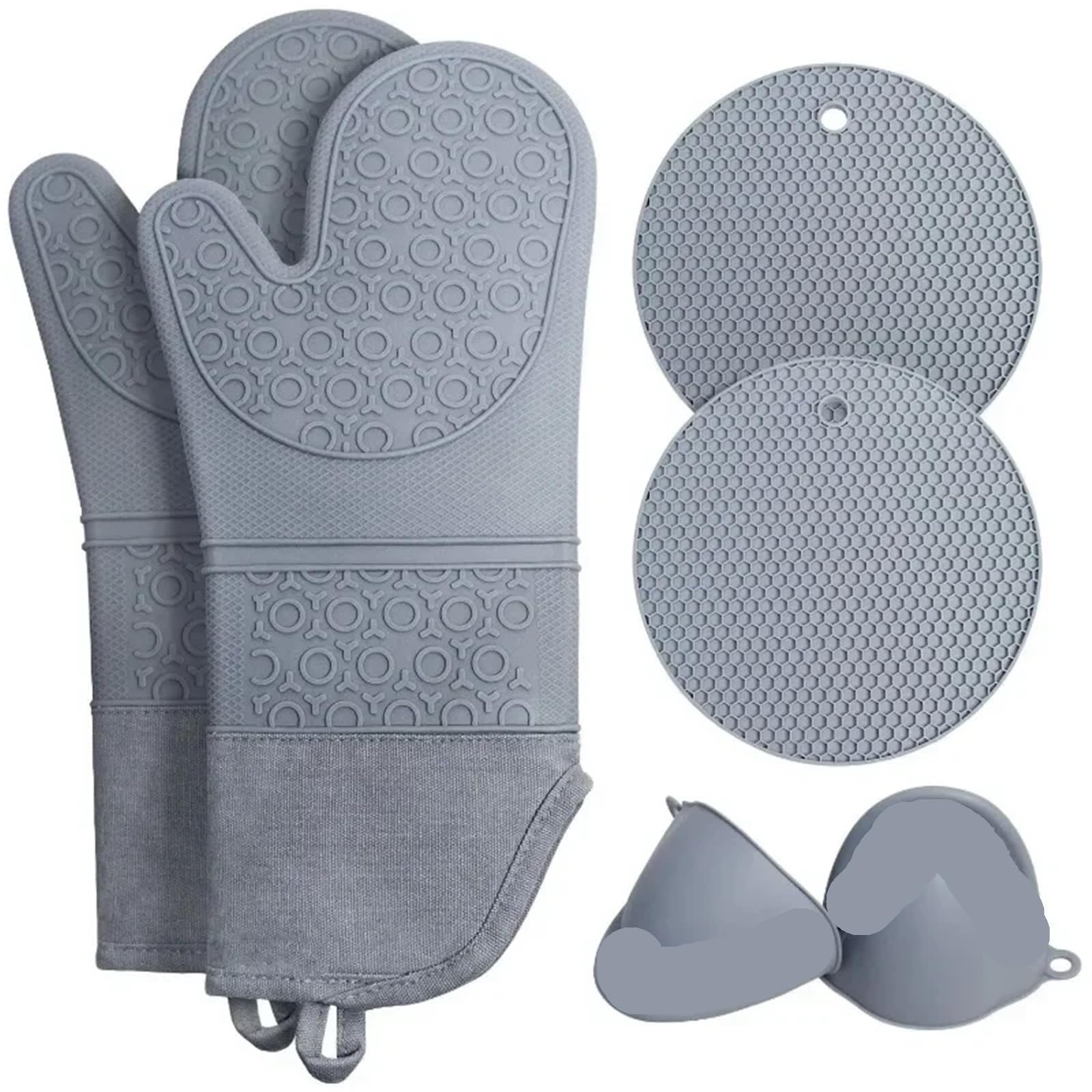Extra Long Oven Mitts And Pot Holders Sets Heat Resistant Silicone Cooking Gloves Hot Pads Potholders(Grey)