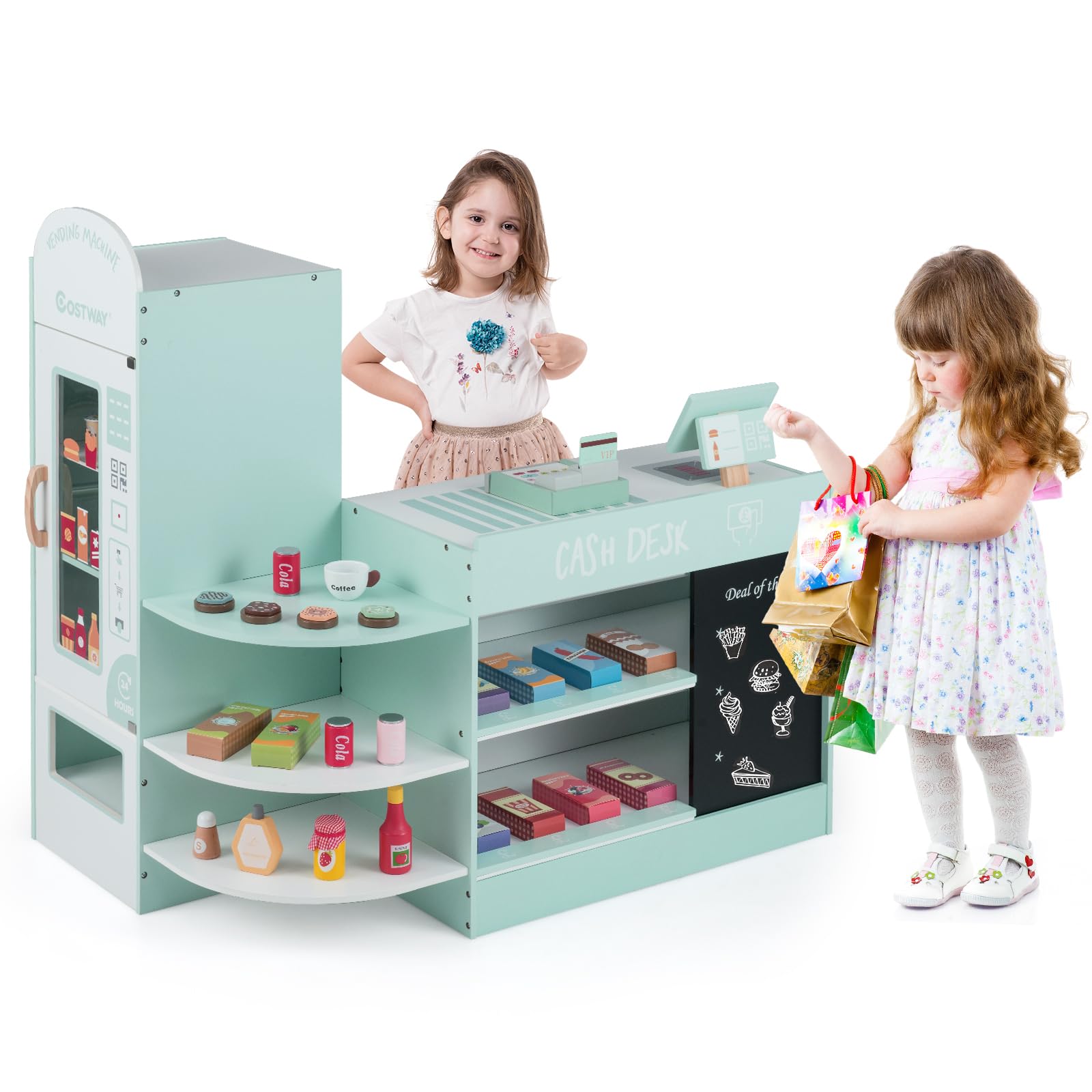 COSTWAY Épicerie Enfants en Bois avec 15 Accessoires & Distributeur