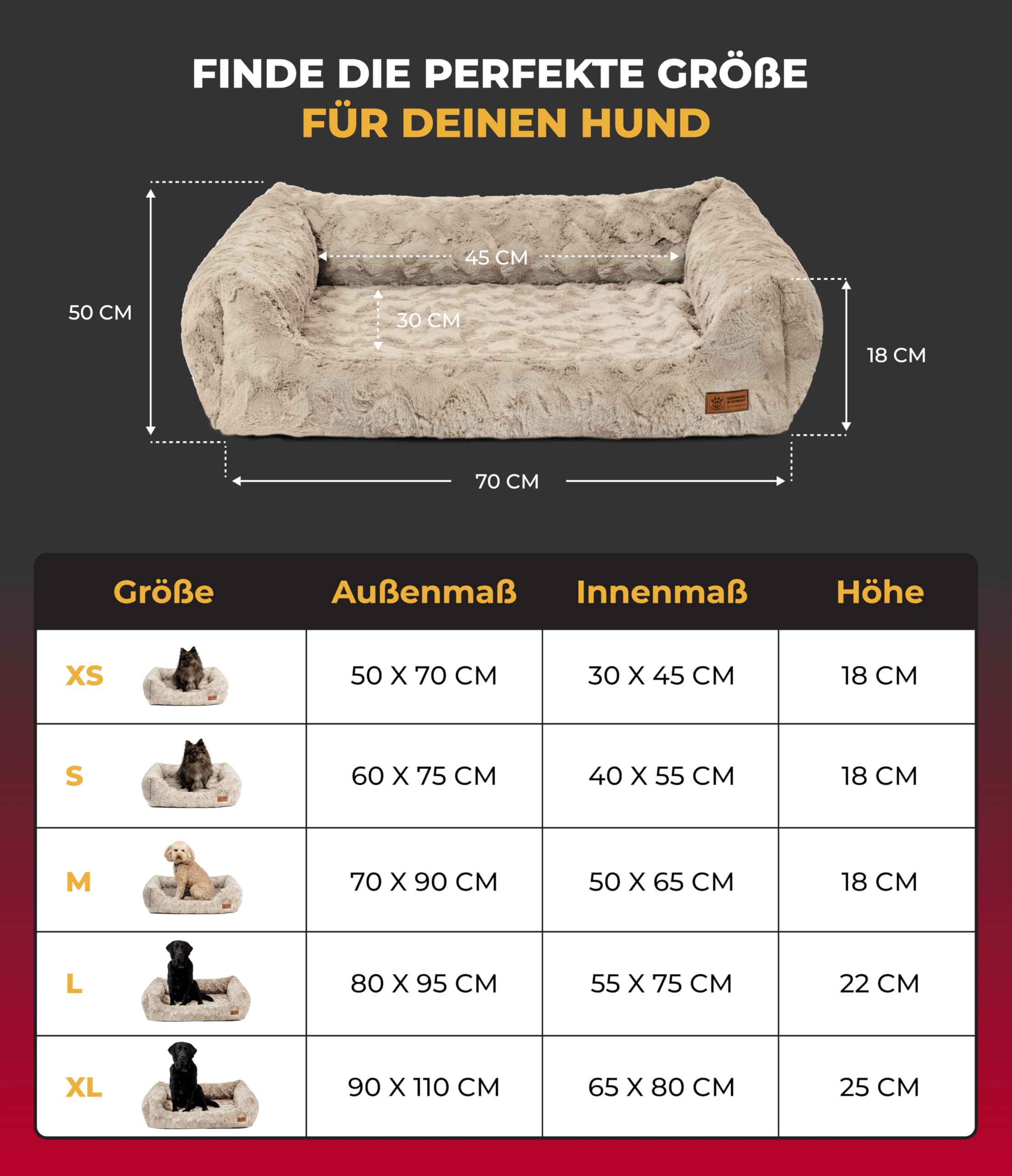 Kuschelbett Deluxe Exklusiv XS (50x70 cm) – Orthopädisches Hundebett mit Memory Foam & Anti-Rutsch – Waschbar – Sand – Made in DE