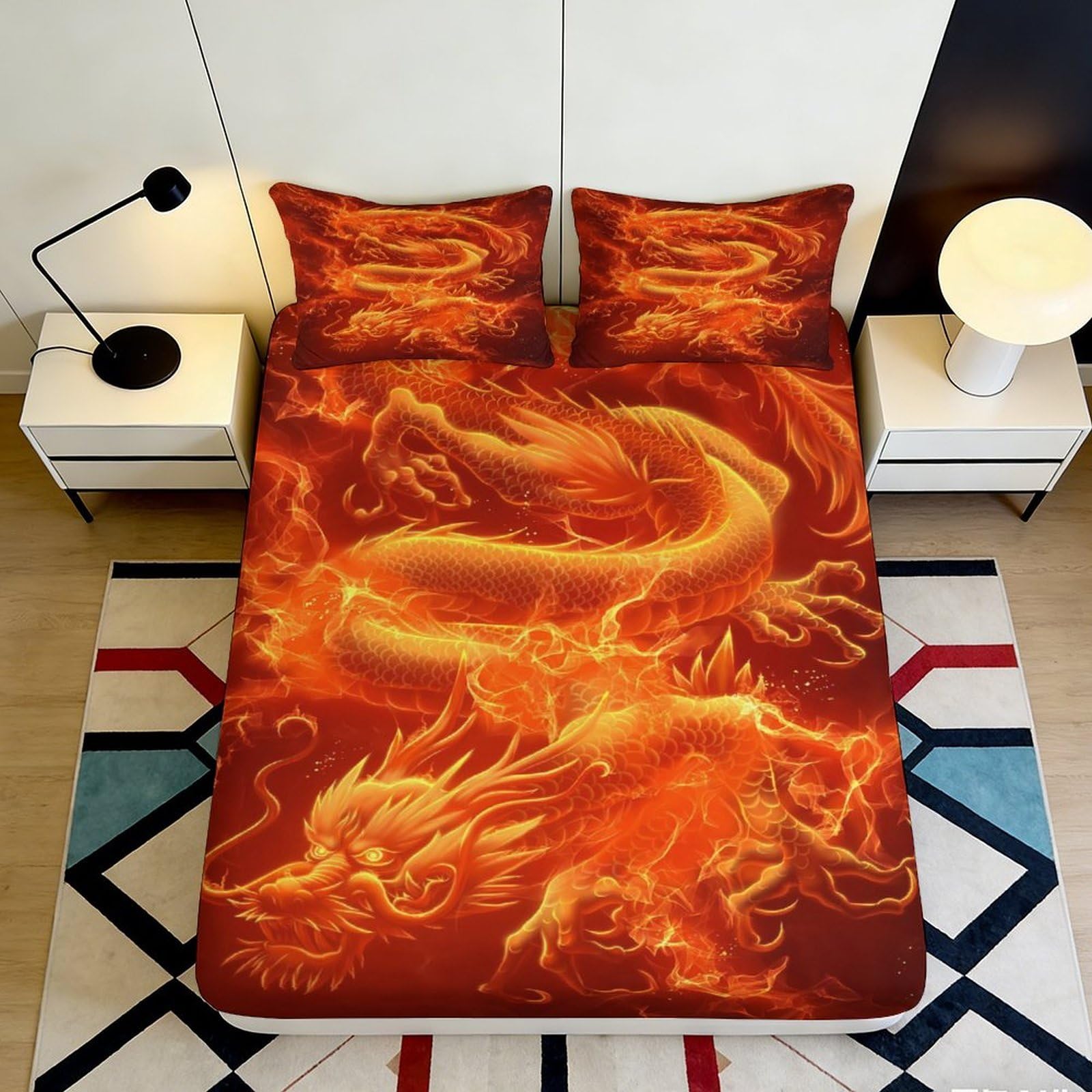 3D Printed Fire Dragon Fitted Sheet Microfiber Soft Anti-Slip Flame Dragon Mattress Cover for Bedroom Dorm Room Decor 140x200x25cm