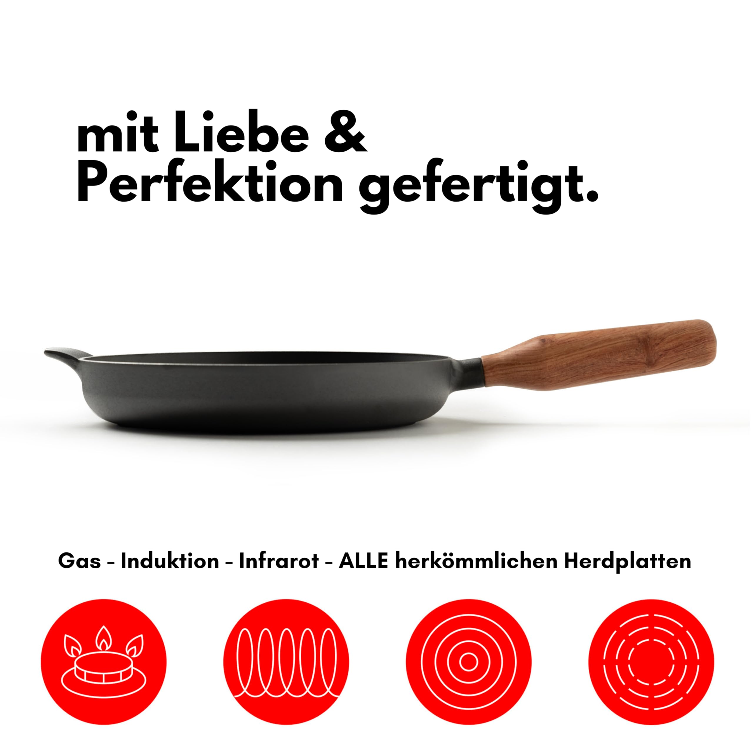 JAXX ROADHOUSE DIE BRATPFANNE - ausgezeichnete Premium Pfanne Gusseisen, Gusseisenpfanne Induktion, 26cm, Handgefertigter Holzgriff, ALLE Herdarten, Voreingebrannt (Walnussholz)