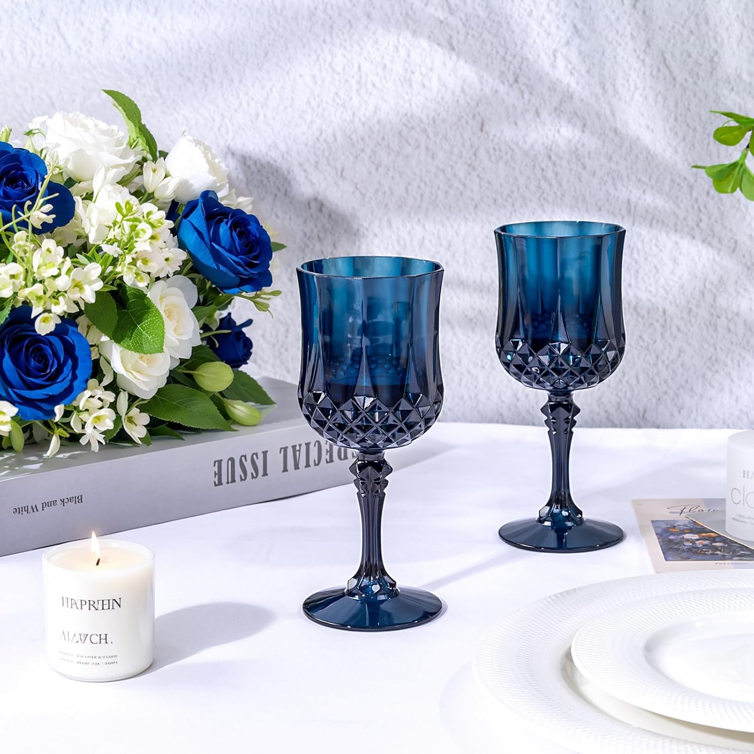 Ciaell 24PCS Blue Plastic Wine Glasses - 7 Oz Plastic Goblets for Party - Blue Vintage Drinking Glasses - Disposable Water Goblets Set for Wedding, Bar, Wine, Beer, Juice, Cocktail - Image 5