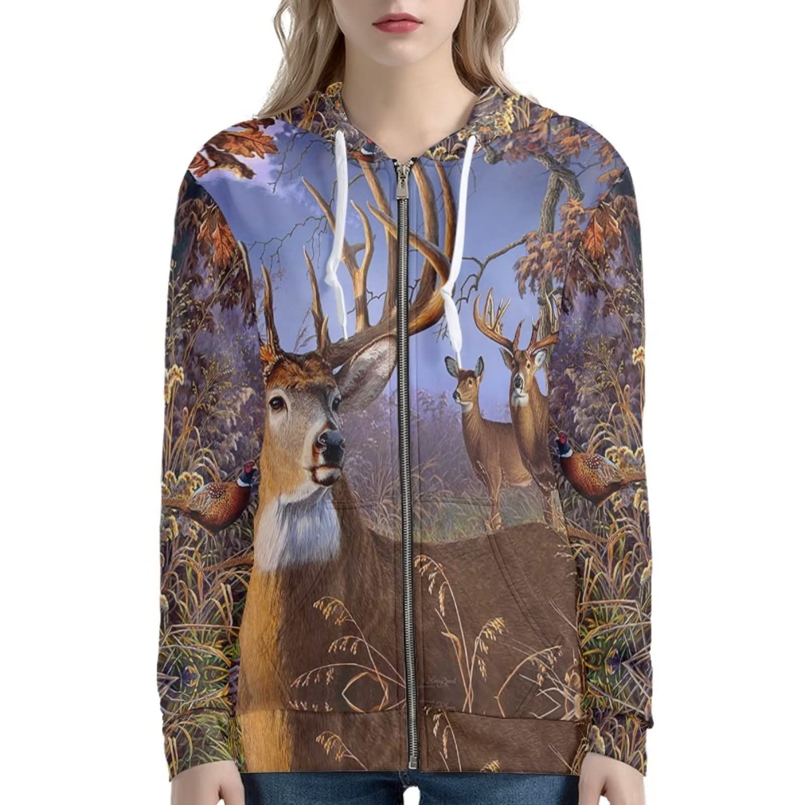 HUIACONG Damska bluza z kapturem zapinana na zamek błyskawiczny dla nastolatek sweter XS-5XL rozmiar, Las gołębi reniferów, XL