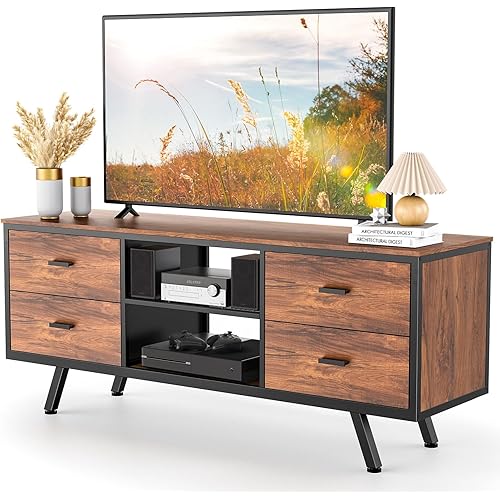 Pipishell TV Console Table for up to 65″ TVs, Retro TV Stand with Metal Frame & Fabric Drawers up to 150 lbs, Entertainment Center TV Console for Living Room & Bedroom Organization, PIRTS06WN