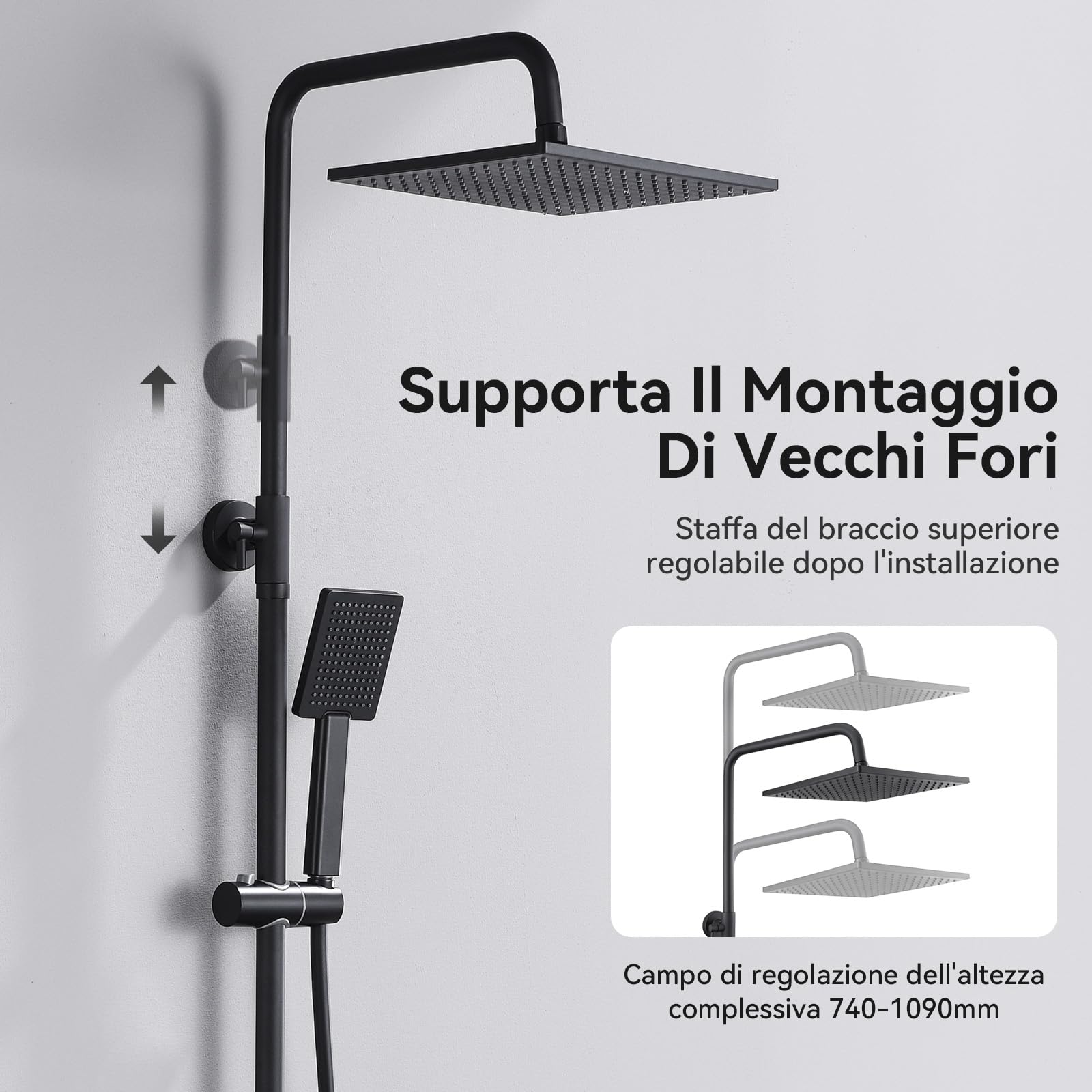 Auralum Colonna Doccia Senza Miscelatore 74-109cm Regolabile Set Soffione Doccetta Nero