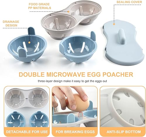 Miniatura 2 de Huevos escalfador microondas cocina huevos, 2 cavidades de silicona comestible doble drenaje poched, microondas huevo escalfador cocina utensilios