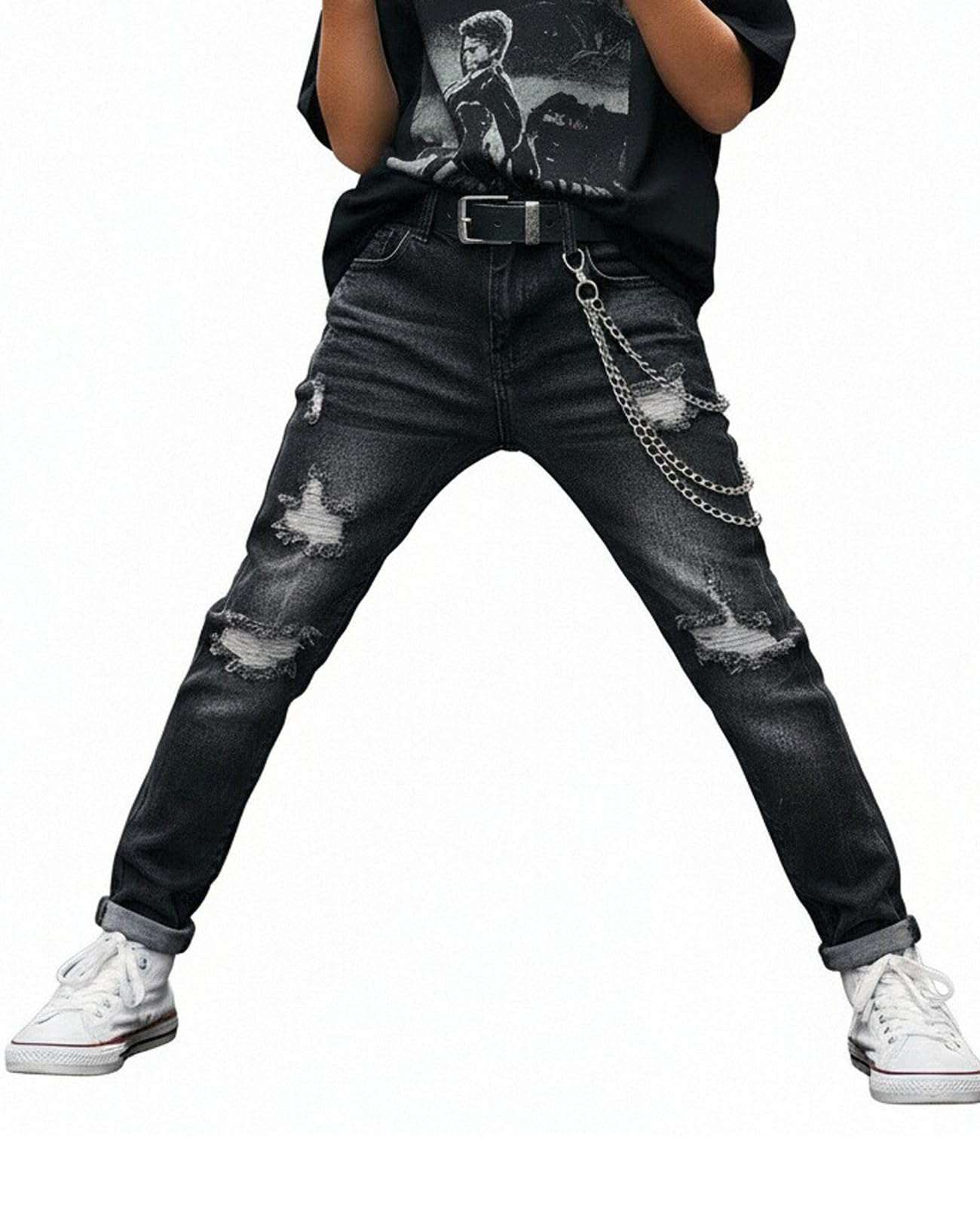 Boy's Skinny Fit Ripped Destroyed Distressed Stretch Slim Jeans Pants