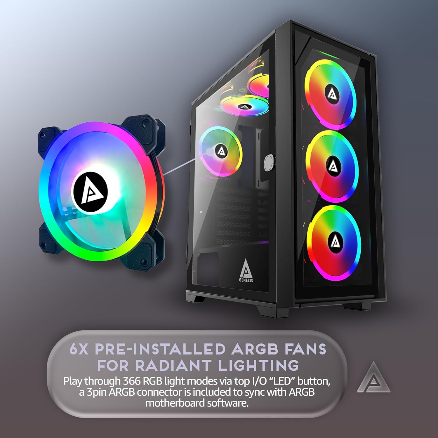 Close-up of an Apevia RGB fan, illustrating the inner and outer ring lighting effects.