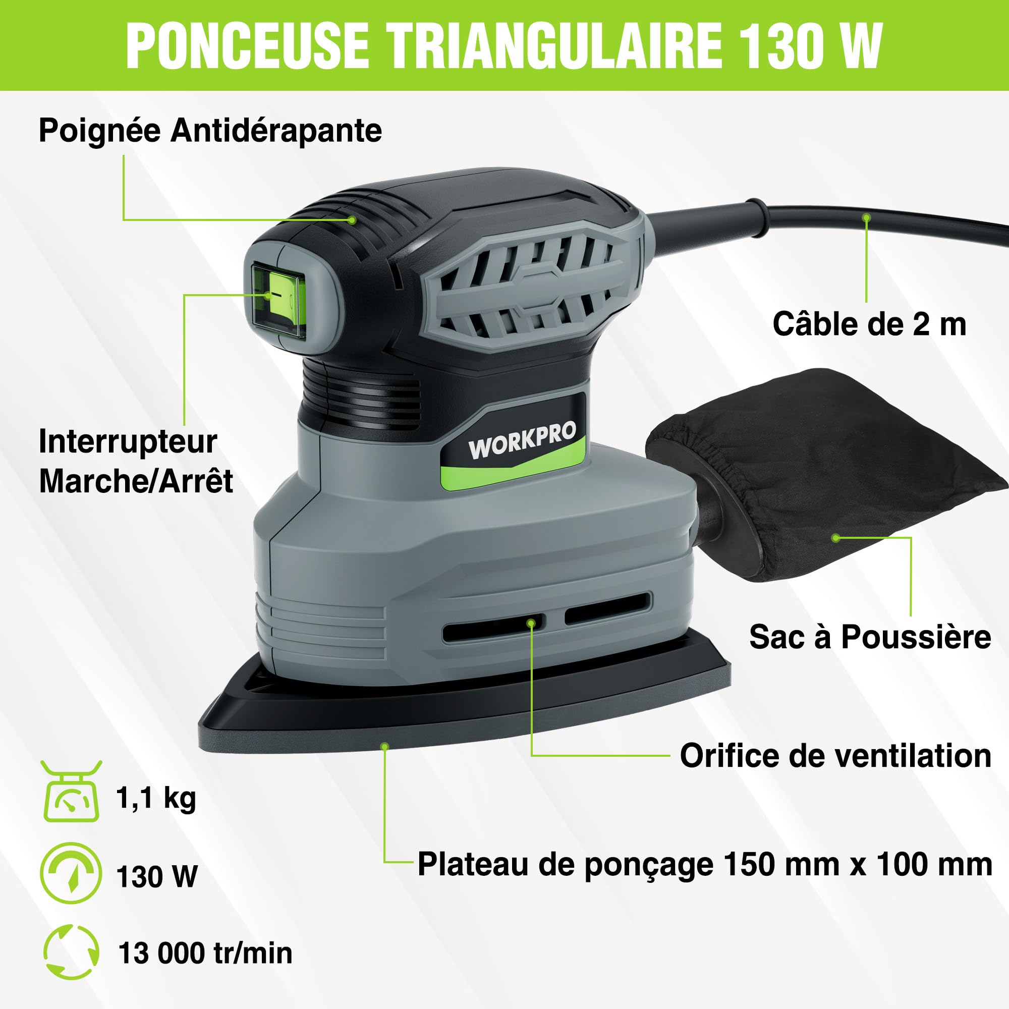 WORKPRO Ponceuse Delta Électrique 130W avec Aspiration de Poussière, 13000 tr/min, Ponceuse Triangulaire avec 20 Feuilles Abrasives, Ponceuse d’Angle pour Bois, Métal et Polissage
