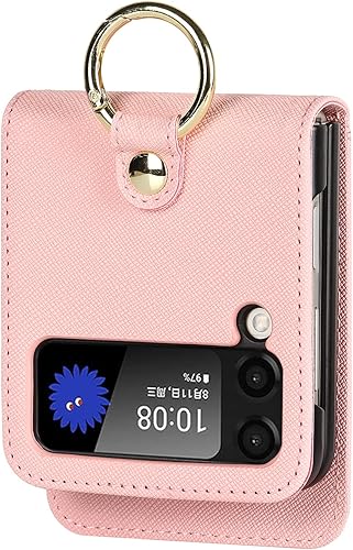 Miniatura 3 de Cavor Funda de cuero con anillo para Samsung Galaxy Z Flip 3 con tarjetero y funda de piel con anillo extraíble a prueba de golpes, color oro rosa