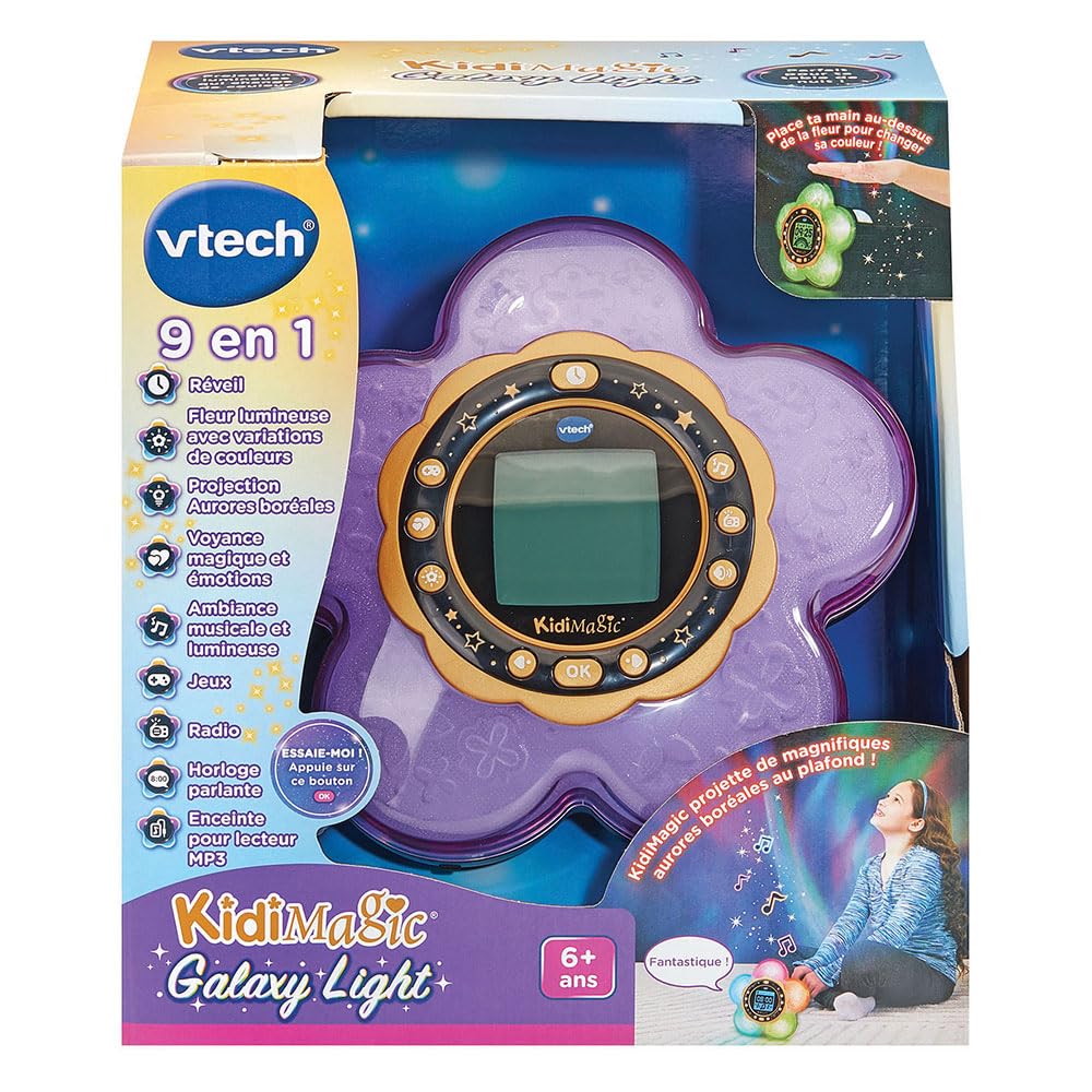 VTech KidiMagic Galaxy Light Violet Radio Réveil Enfant 9 en 1 Effets Lumineux Projection Aurores Boréales Plafond Enceinte Jeux Cadeau 6-12 Ans Français