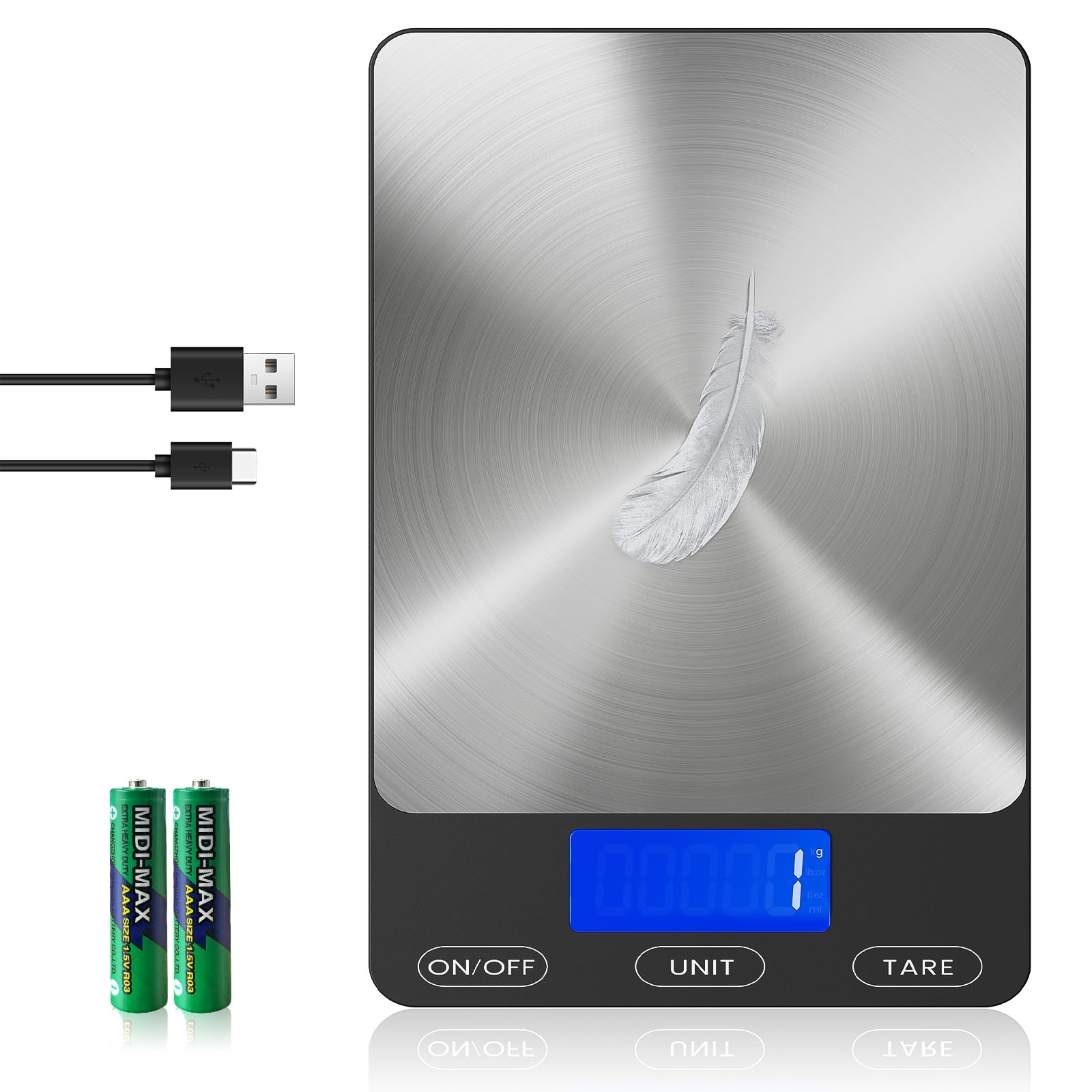 Food Scale -33lb Digital Kitchen Scale for Food Ounces Grams Rechargeable 305 Stainless Steel,Batteries and Type-C Charging | Perfect for Meal Prep, Cooking, and Baking, Black