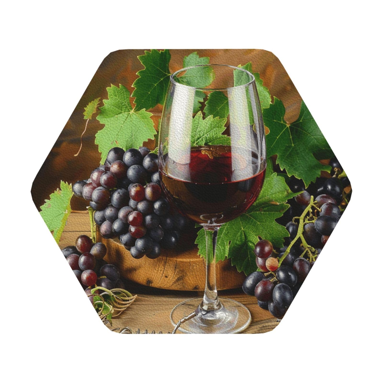 Art Red Wine Galsses & Grapes Print Leather Coaster Set of 6, Hexagon Coasters Table Decorative Coffee Cup Beverage Coasters Wine Beer Bar Coasters for Hot Drinks Table Protection
