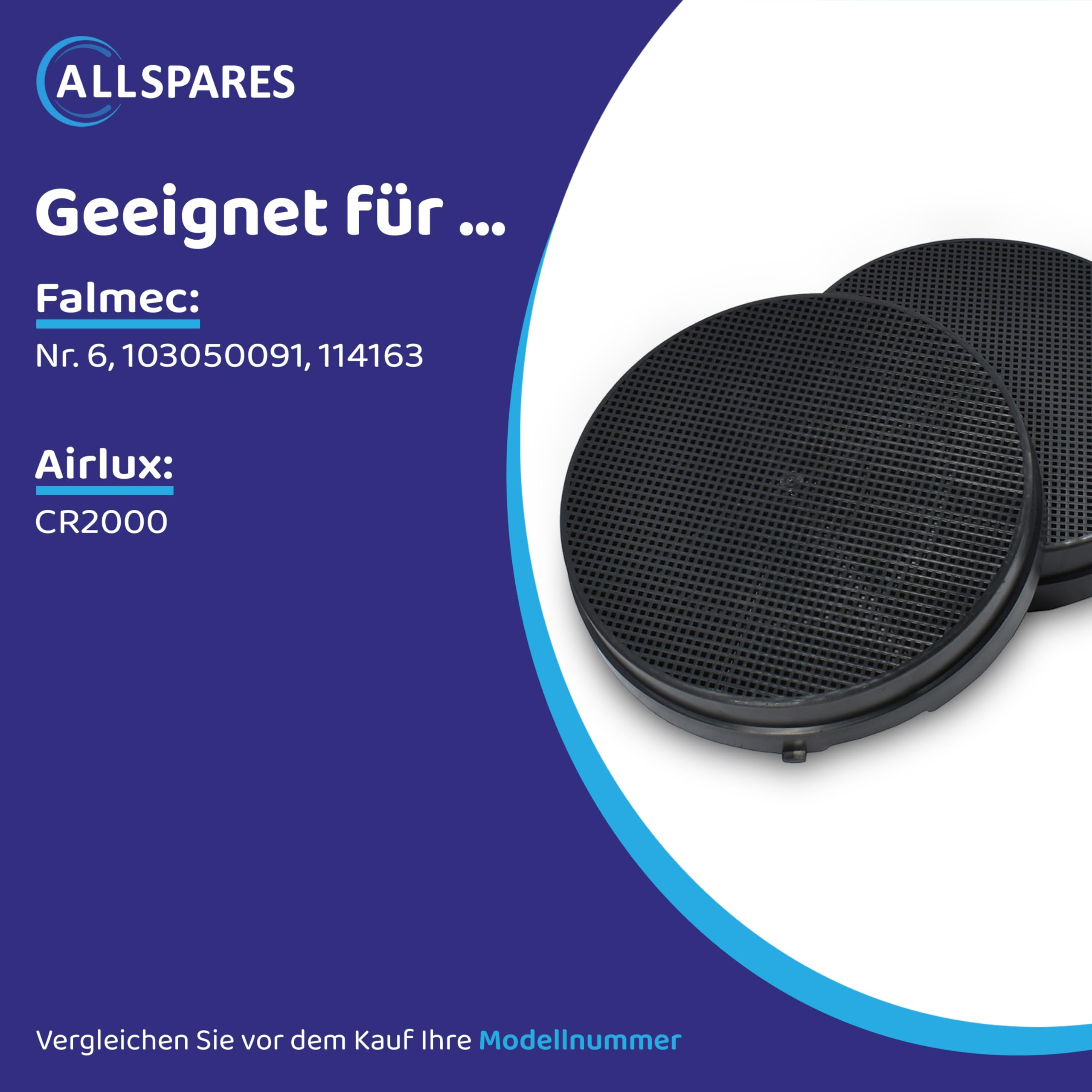 2x AllSpares Aktivkohlefilter für Dunstabzugshauben geeignet für Falmec Nr. 6, 103050091, 114163 | Airlux CR2000 | Ø168mm