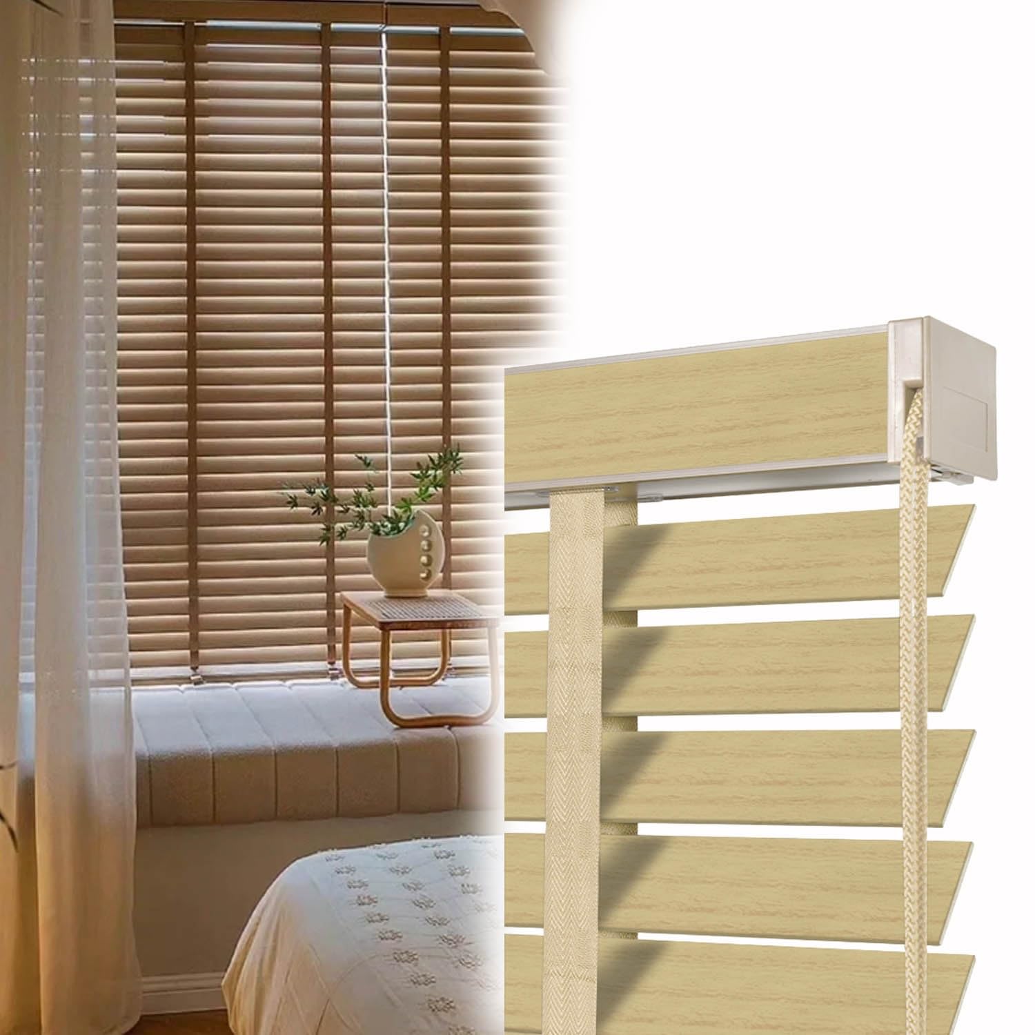 Store vénitien horizontal en bois pour fenêtre intérieure - 45 cm, 65 cm, 80 cm, 90 cm, 120 cm, 140 cm, 155 cm, 160 cm - Pour salle de bain, chambre à coucher, porte et fenêtres - Lattes de 50 mm