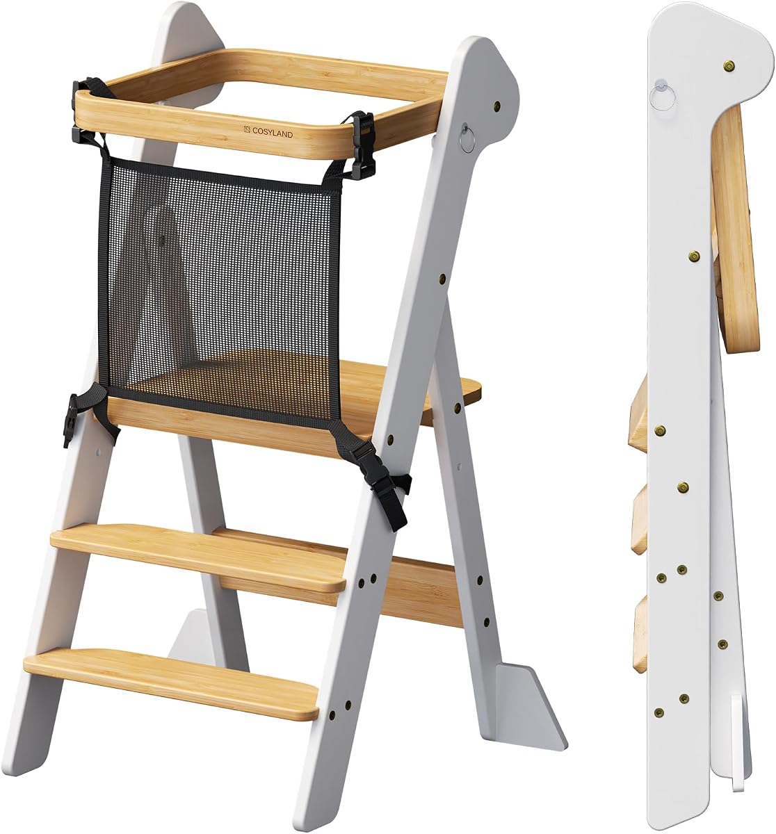 COSYLAND Taburete plegable de pie con forma de torre para niños pequeños, ayudante de cocina | Premio iF Design, taburete auxiliar de aprendizaje para niños pequeños de altura ajustable, red de seguridad y 2 patas de apoyo grandes (blanco y natural), plegable