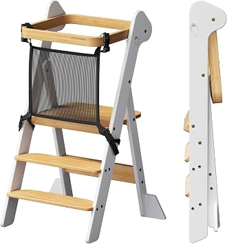 COSYLAND Foldable Standing Tower IF Design Awarded Toddler Kitchen Step Stool with Safety Net & Large Side Support Legs Height Adjustable Toddler Learning Helper Stool White & Natural-Foldi