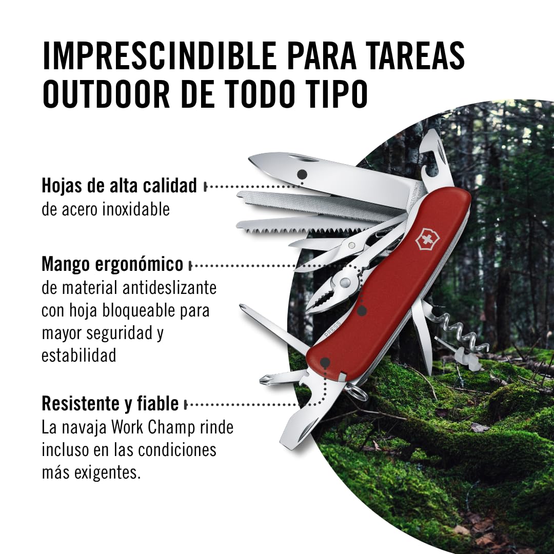 Victorinox Navaja suiza de bolsillo Work Champ, 21 funciones, multiherramienta con hoja bloqueable, alicate, sierra para metal, rojo