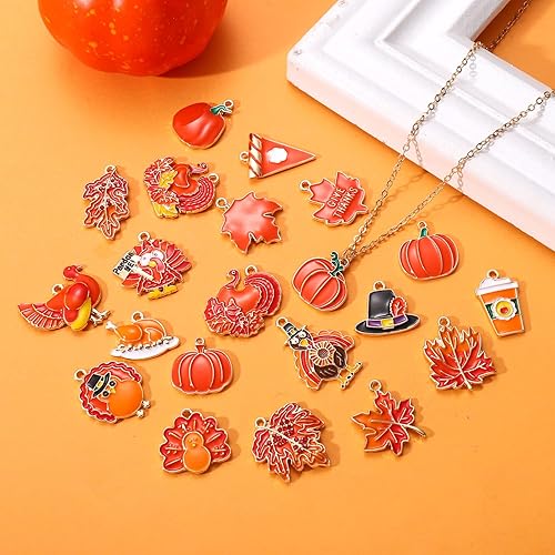 Miniatura 2 de XOCARTIGE 3050 dijes de otoño para la fabricación de joyas, dijes esmaltados de Acción de Gracias, calabaza, hoja de arce, pavo, dijes a granel para