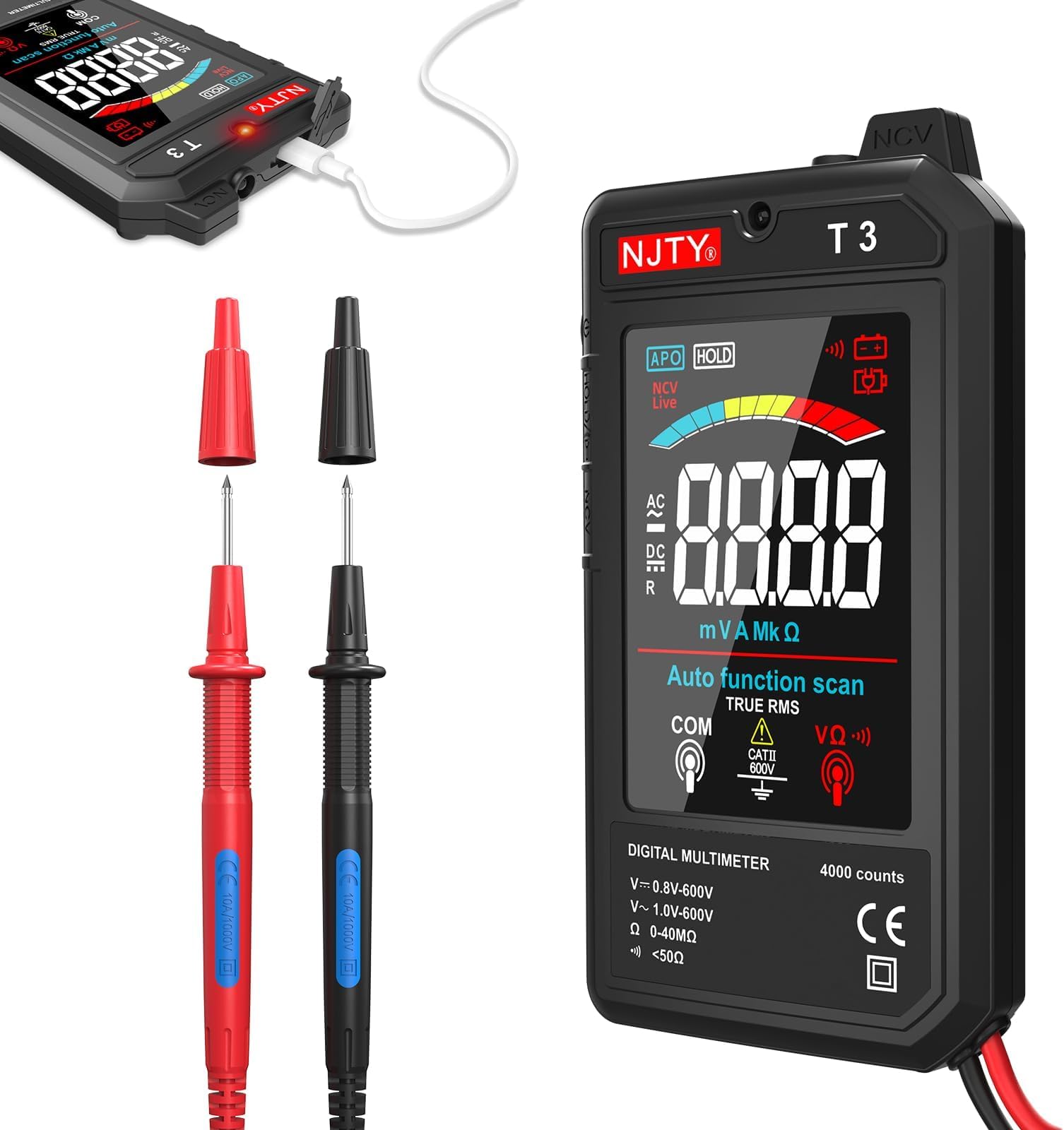 NJTY T3 Smart Digital Multimeter, Ultra-Thin Rechargeable Voltmeter with 3.2" Color LCD, Auto-Ranging 600V AC/DC Tester for Resistance NCV Live Wire Detection