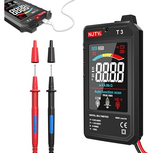NJTY T3 Smart Digital Multimeter, Ultra-Thin Rechargeable Voltmeter with 3.2" Color LCD, Auto-Ranging 600V AC/DC Tester for Resistance NCV Live Wire Detection
