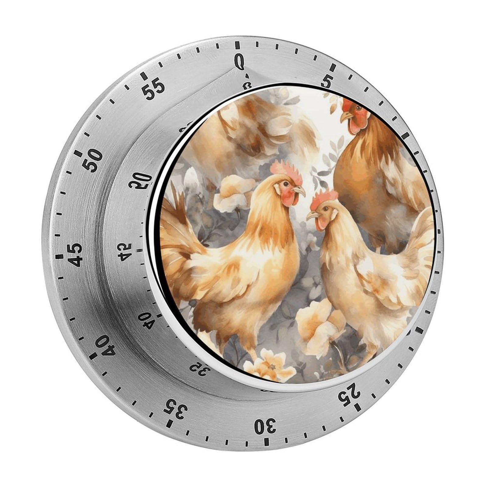 Mechanical Kitchen Timer with Magnetic Back, Stainless Steel Manual Chicken Duck Printed Timer for Cooking and Time Management