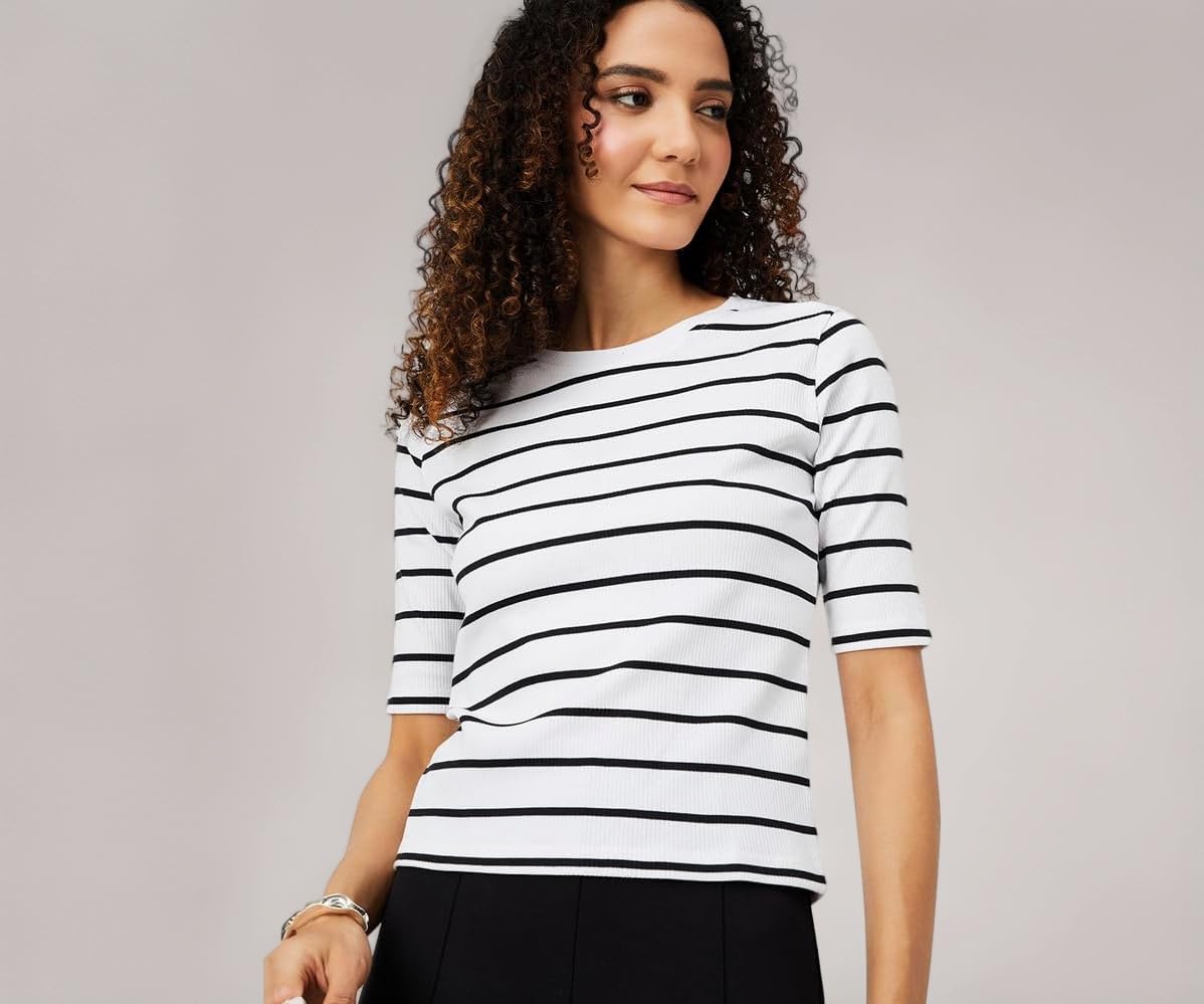 Max Women's Cotton Polyester Elastane Striped Regular Fit T-Shirt
