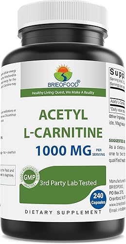 Brieofood Acetil L-carnitina 1000 mg por porción- 240 cápsulas. Sin gluten, sin OMG.