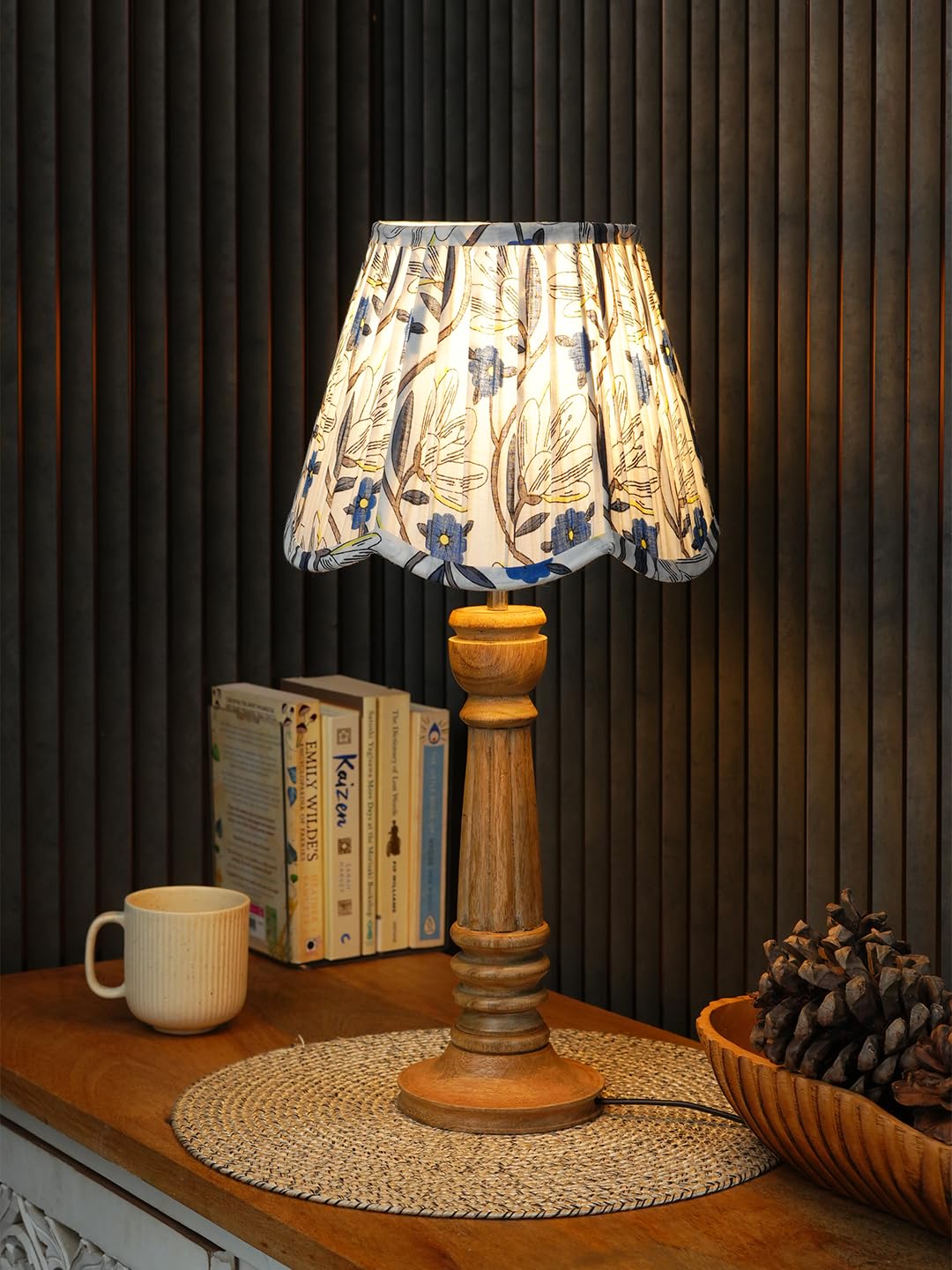 Green Girgit Brown Pillar Wooden Table Lamp with Pleeted Multicolor Blue Floral Lotus Shape Lamp Shade, Decorative Bedside Lamp for Bedroom & Living Room, Home Decor Accent Lighting