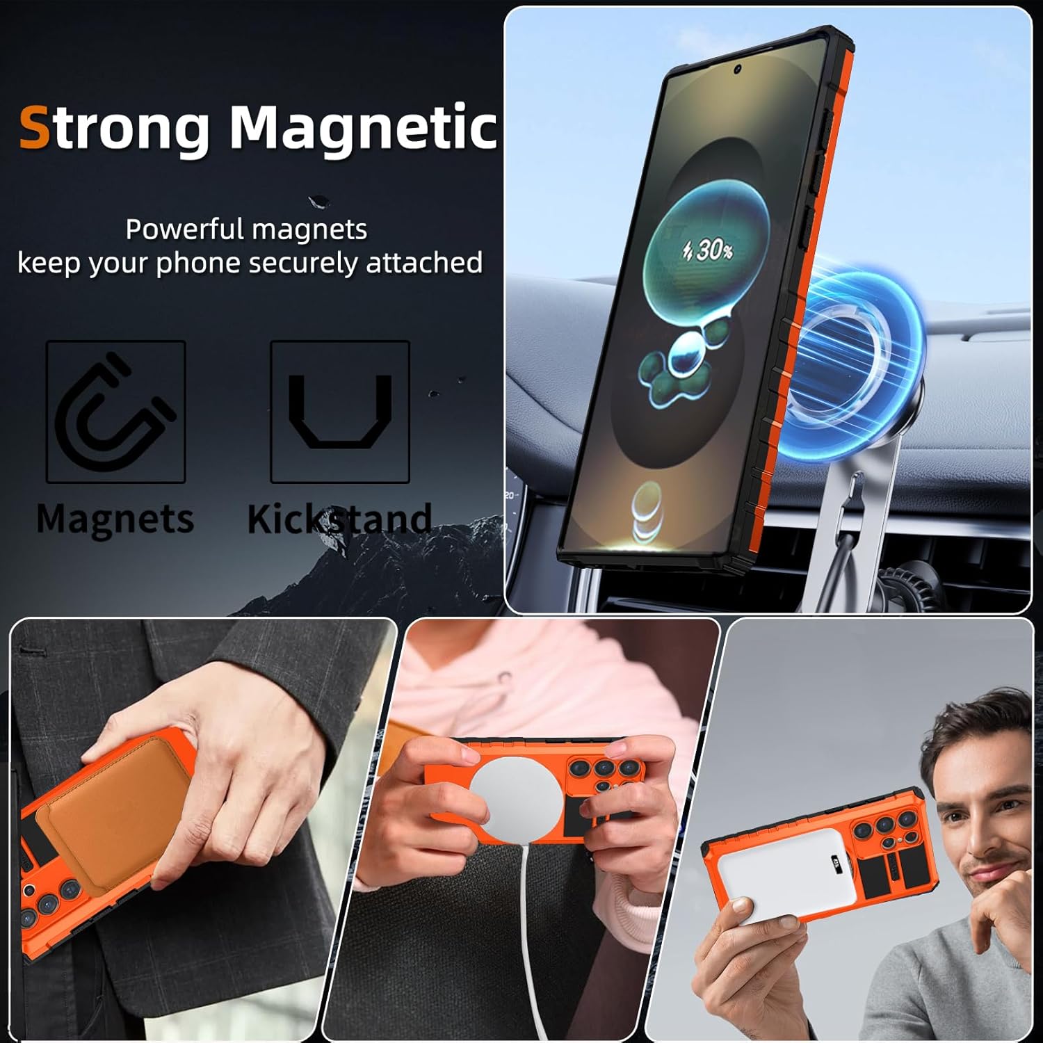 for Samsung Galaxy S25 Ultra Case Magnetic Compatible with MagSafe Wireless Charging,with 1 Screen Protector,Built-in 360° Kickstand Ring Military Grade Shockproof Heavy Duty Protection Orange - Image 2