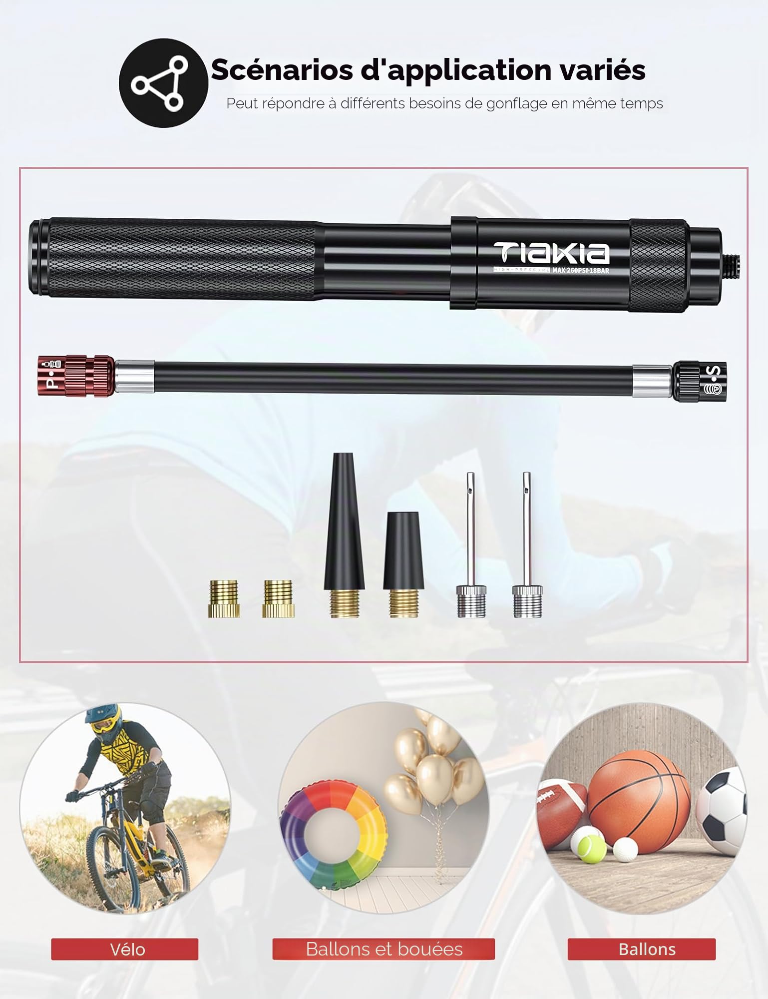 Tiakia Pompe à Vélo Mini Pompe Haute Pression 260PSI Petite Pompe à Main pour Valve Presta Schrader Dunlop, Pompe à Vélo Portable Compacte légère avec Support de Fixation pour BMX VTT Velo Route