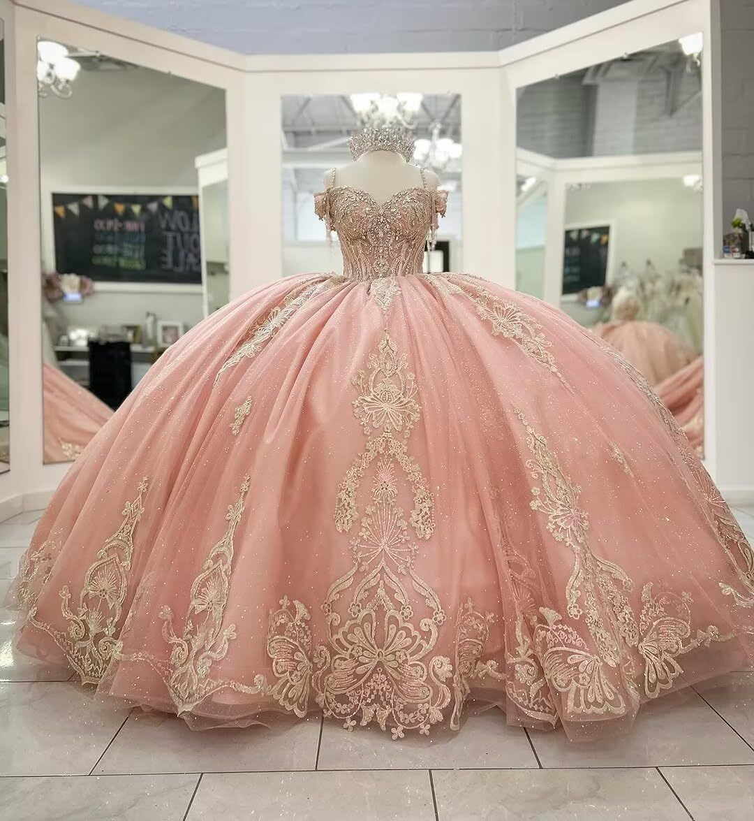 Mouccy Gold Appliques Tassel Quinceanera Dresses Off Shoulder Beaded 15 Dresses Luxury Tulle Sweet 16 Dress with Big Bow - Image 7