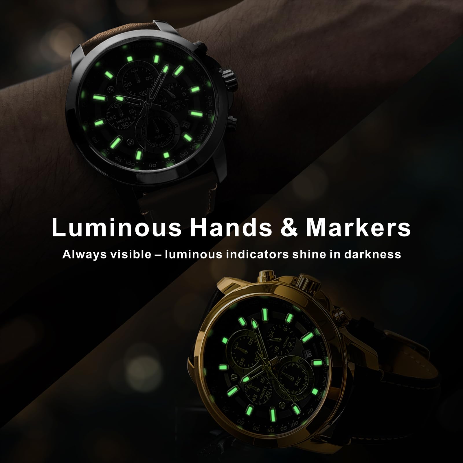 PINDOWS Orologio da uomo analogico al quarzo cronografo impermeabile luminoso orologio da polso con cinturino in pelle nero marrone per abbigliamento business e casual