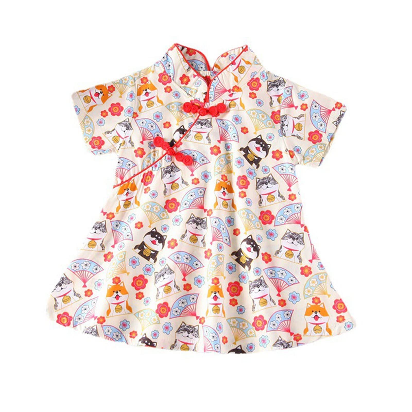 Kids Toddler Infant Baby Girls Cartoon Print Patchwork Cheongsam Princess Dress Summer Swimming (White, 12-24 Months)