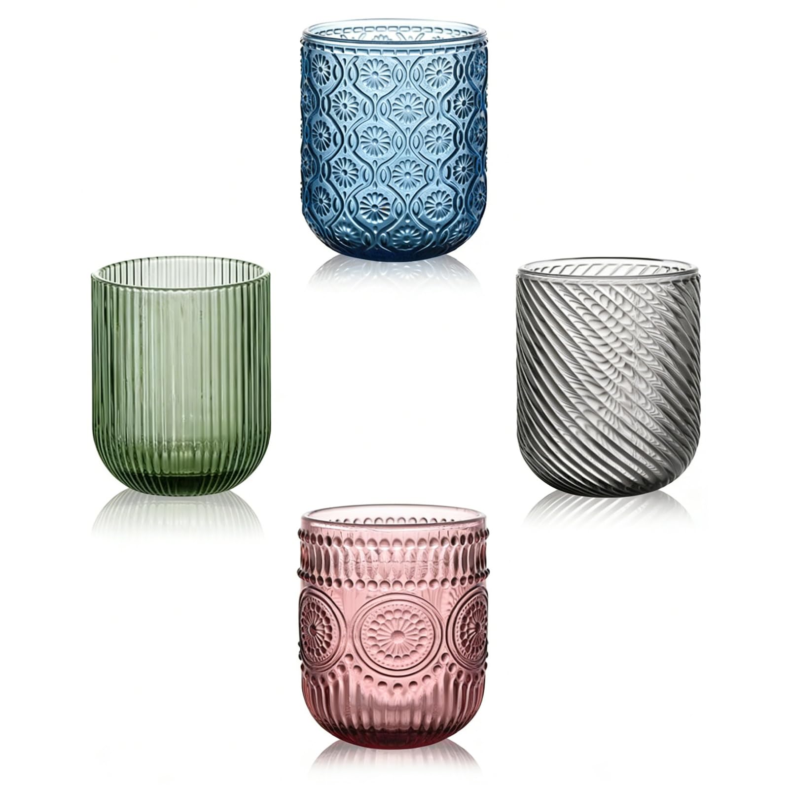 WIYETY 4 Stück Bunte Trinkgläser Set 260ml Farbige Wassergläser: Glas Trinkgläser Set mit Geprägtem Design, Mehrfarbiges Design, Wassergläser Bunt Gläser mit Muster für Zuhause und Party Küche, Haushalt & Wohnen