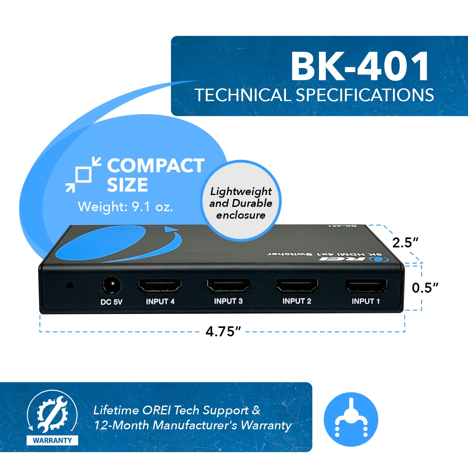 OREI 8K 4x1 HDMI 2.1 Switch 4K @ 120hz Switcher 4 in 1 Out, supporto HDR, HDR10, Dolby Vision, HLG 48Gbps per Xbox Series X PS5 Roku Fire TV Monitor Proiettore Dolby