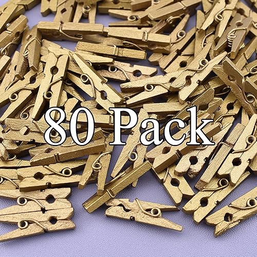 Miniatura 6 de HAHIYO Pinzas de ropa de madera doradas, mini no se caen, 1 pulgada de longitud, paquete de 80 resortes fuertes resistentes, no se oxidan, no se