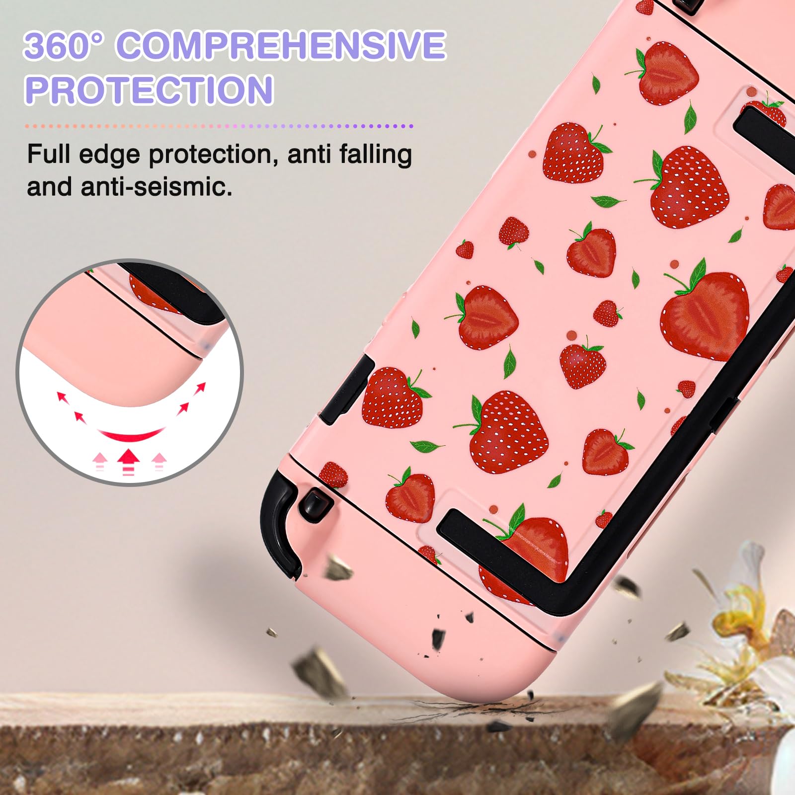 DLseego Tragetasche für Switch 2,Rosa Tragbar Reise Spiel Tasche,Thema Erdbeere Zubehör mit NS 2 Dockbare Schutzhülle,2PCS Daumen Griff Kappen und 1PC Charme,Groß Erdbeere