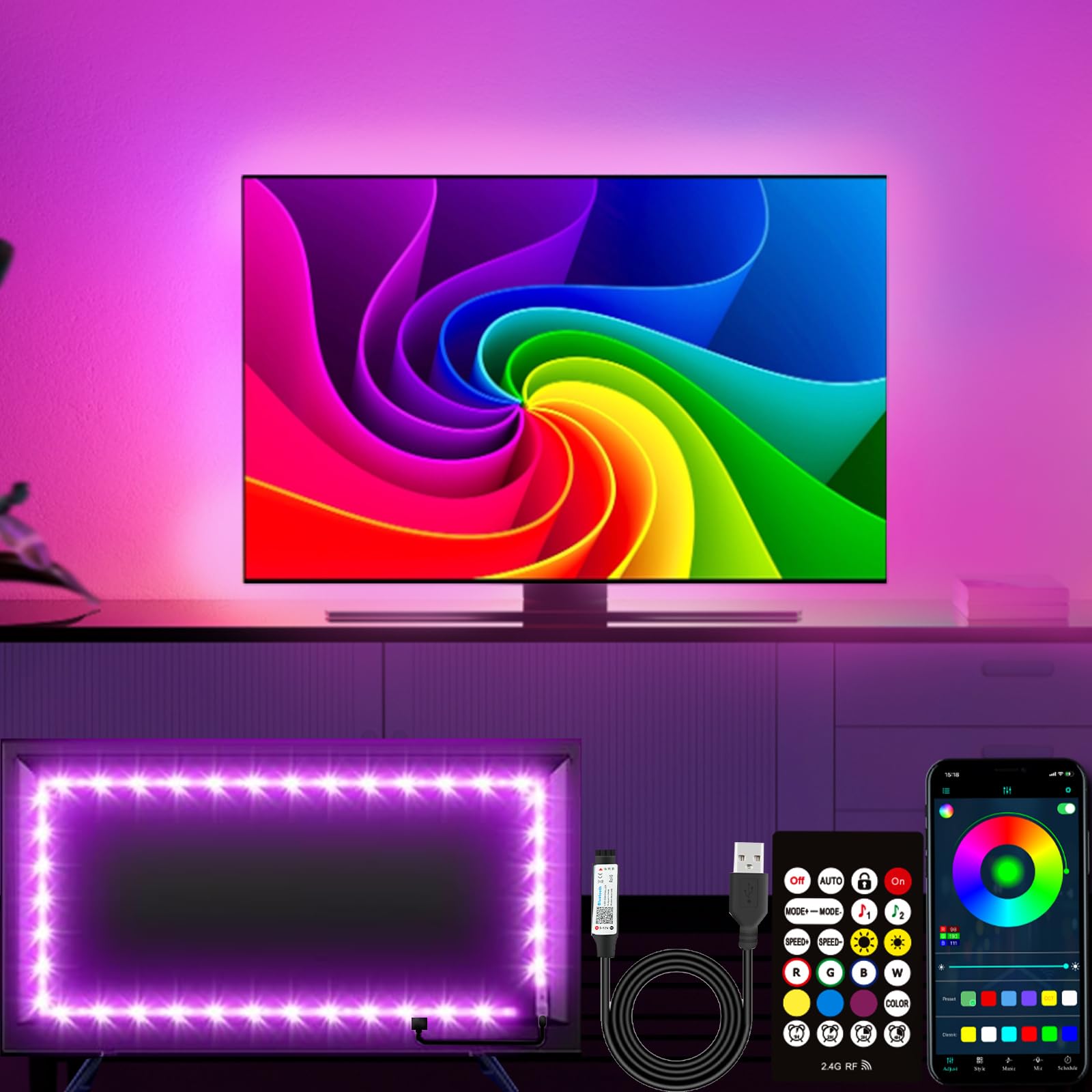 Bvokon 4m RGB LED Lichter für 45-75 Zoll TV Hintergrundbeleuchtung, Musik Sync Bluetooth APP/RF Fernbedienung Streifen Lichter USB Powered für Schlafzimmer/Gaming
