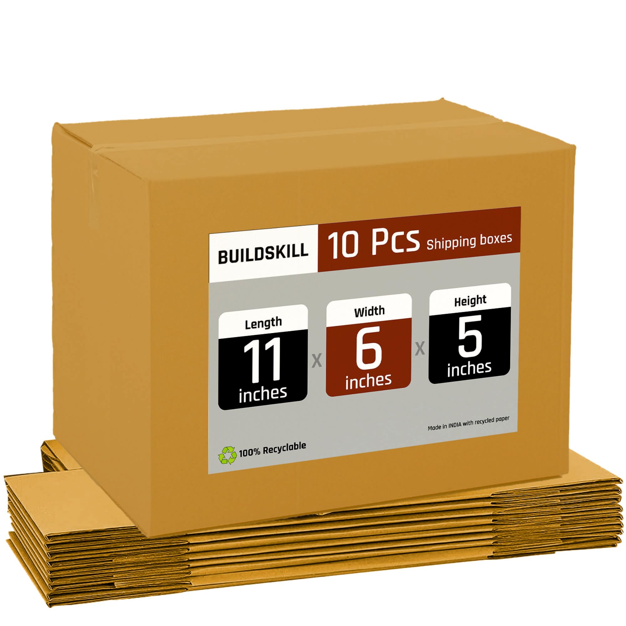 BUILDSKILL Pack of 10 | 3 Ply | 11"X6"X5" Cardboard Boxes for Packaging | Brown Corrugated Box for Packing | Shipping | Home Shifting | Parcel | Courier Packing box | Small Carton Box - Recycled