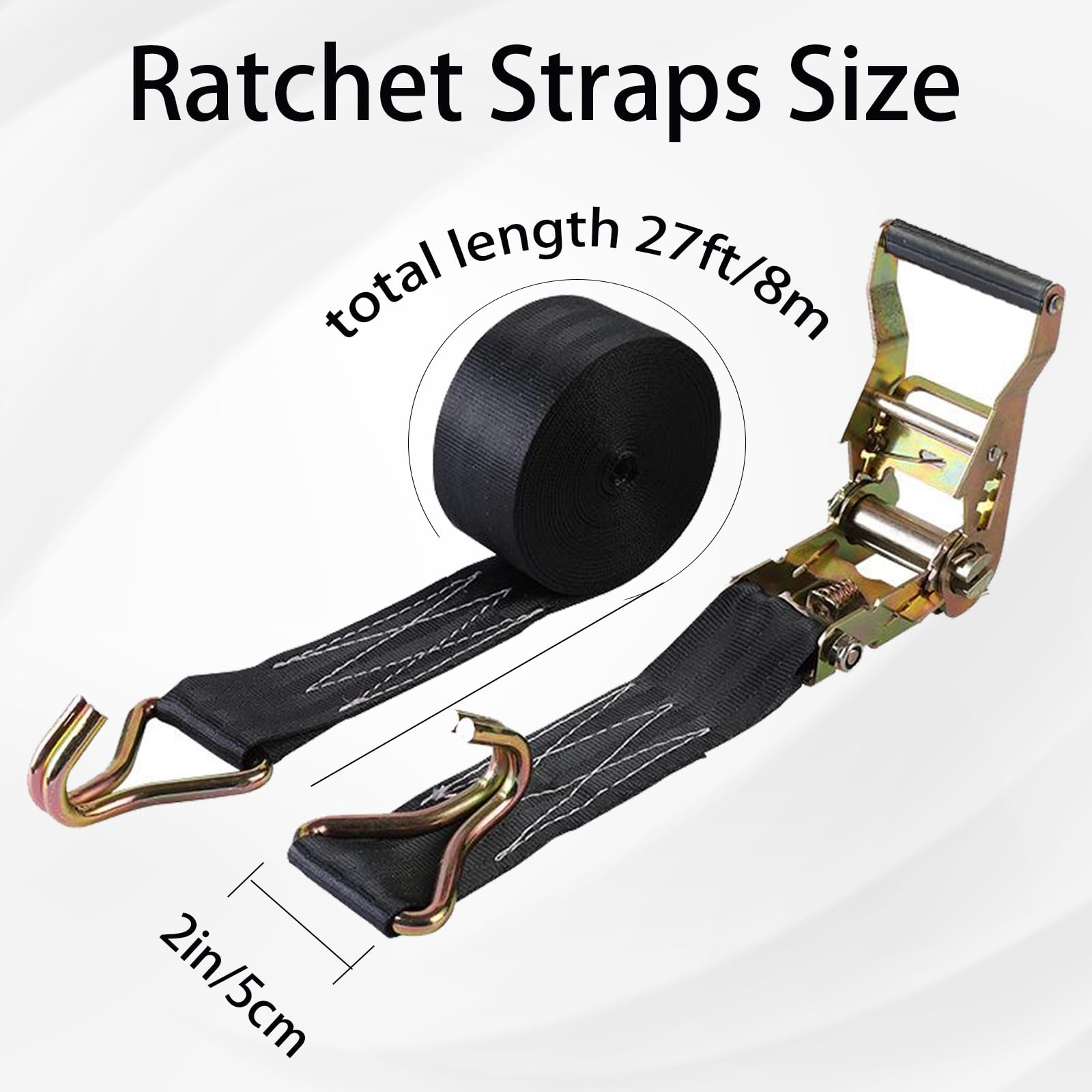 4 correas de trinquete resistentes - Resistencia a la rotura de 3628,7 kg - Correas de trinquete de 5,1 cm x 8,2 m con doble gancho J duradero para camión, remolque, techo de coche