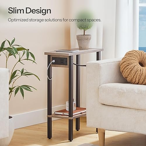 Miniatura 4 de HOOBRO Mesa auxiliar estrecha, mesa auxiliar delgada de 2 niveles con estación de carga, mesita de noche delgada con almacenamiento abierto, para