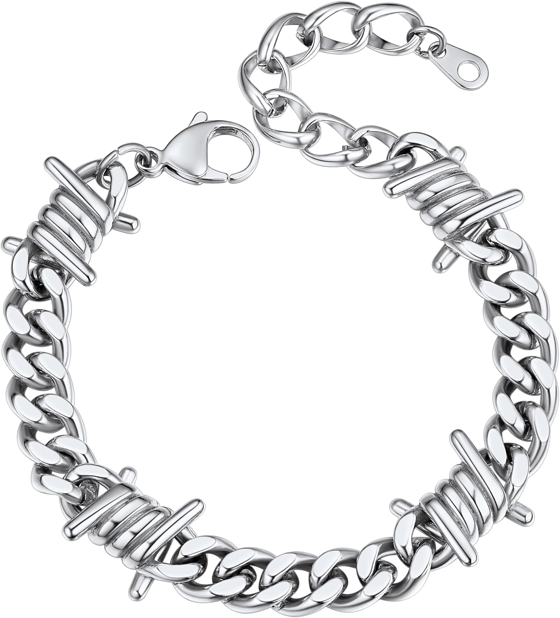 Barbed Wire Bracelet, Cuban Link Chain Bracelet for Men, Stainless Steel Gothic Punk Thorns Hand Chain, Hip Hop Jewelry, 5/7/9/12mm Width, 7"-8.3" Length, Send Gift Box