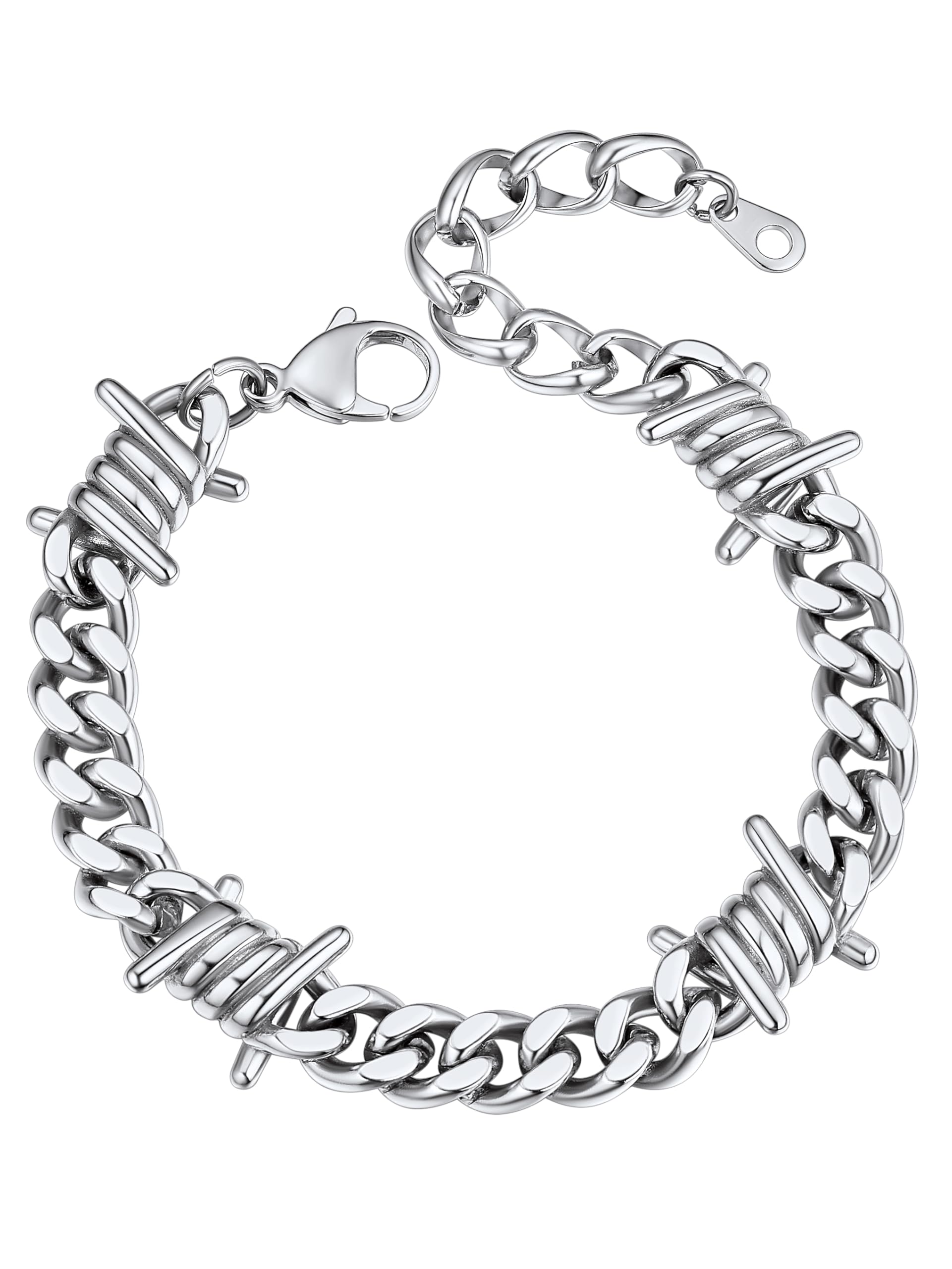 Barbed Wire Bracelet, Cuban Link Chain Bracelet for Men, Stainless Steel Gothic Punk Thorns Hand Chain, Hip Hop Jewelry, 5/7/9/12mm Width, 7"-8.3" Length, Send Gift Box