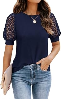 DOROSE Women's Puff Sleeve Tops Lace Casual Loose Summer Blouses T Shirt, Navy Blue, Small Price In India