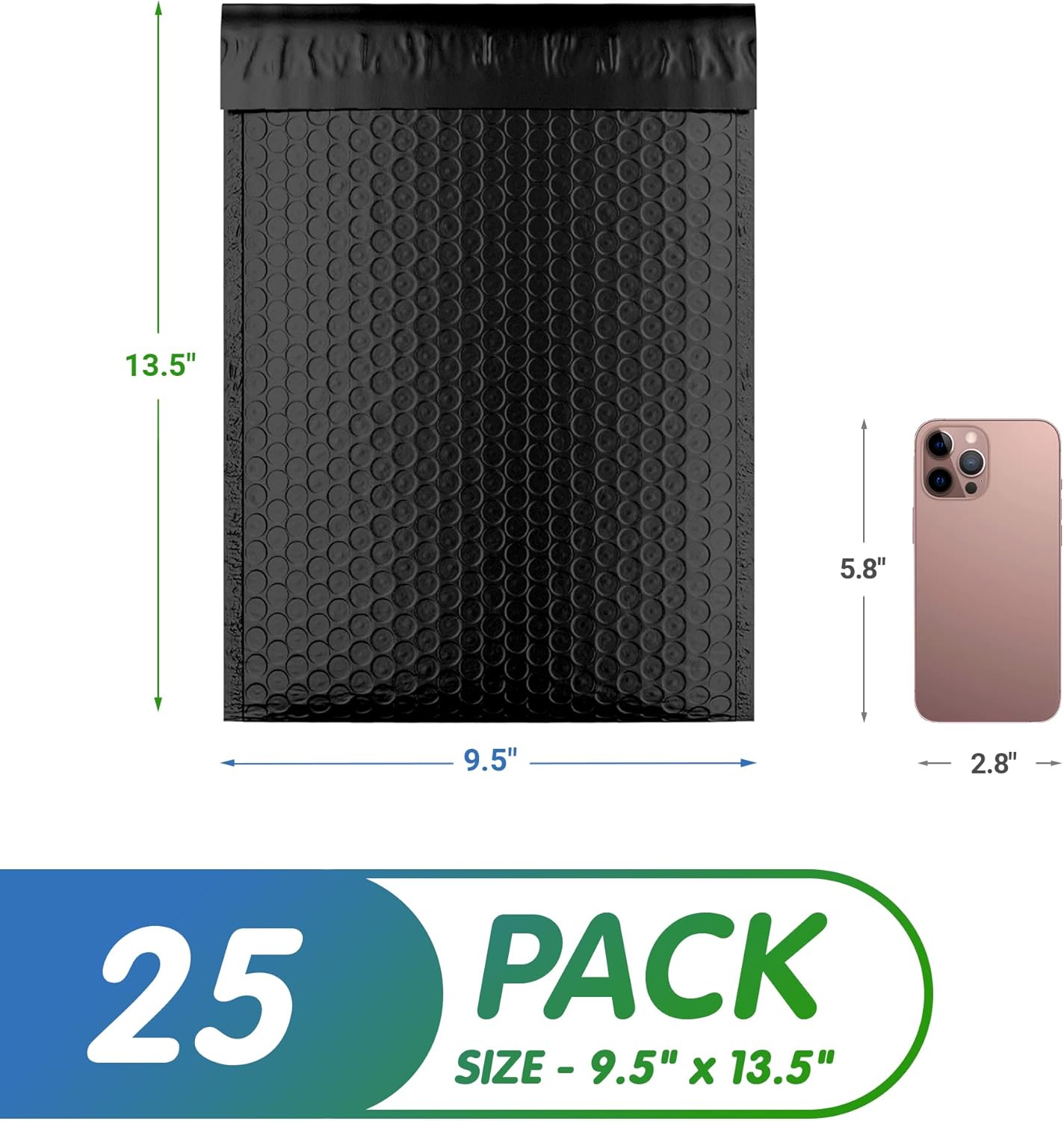 Poly Bubble Mailers, 9.5 x 13.5 Inch Matte Black Padded Mailers, Self Seal Shipping Envelopes, Lightweight Poly Mailer Bags, Waterproof Mailing Bags, Pack of 25