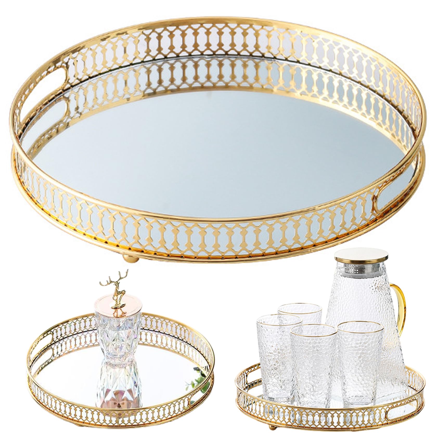 Mirror Tray, 12.6" Dia. Round Gold Mirror Tray, Metal Decorative Jewelry Storage Mirrored Makeup Jewelry Organizer for Dresser, Bedroom, Home Decor