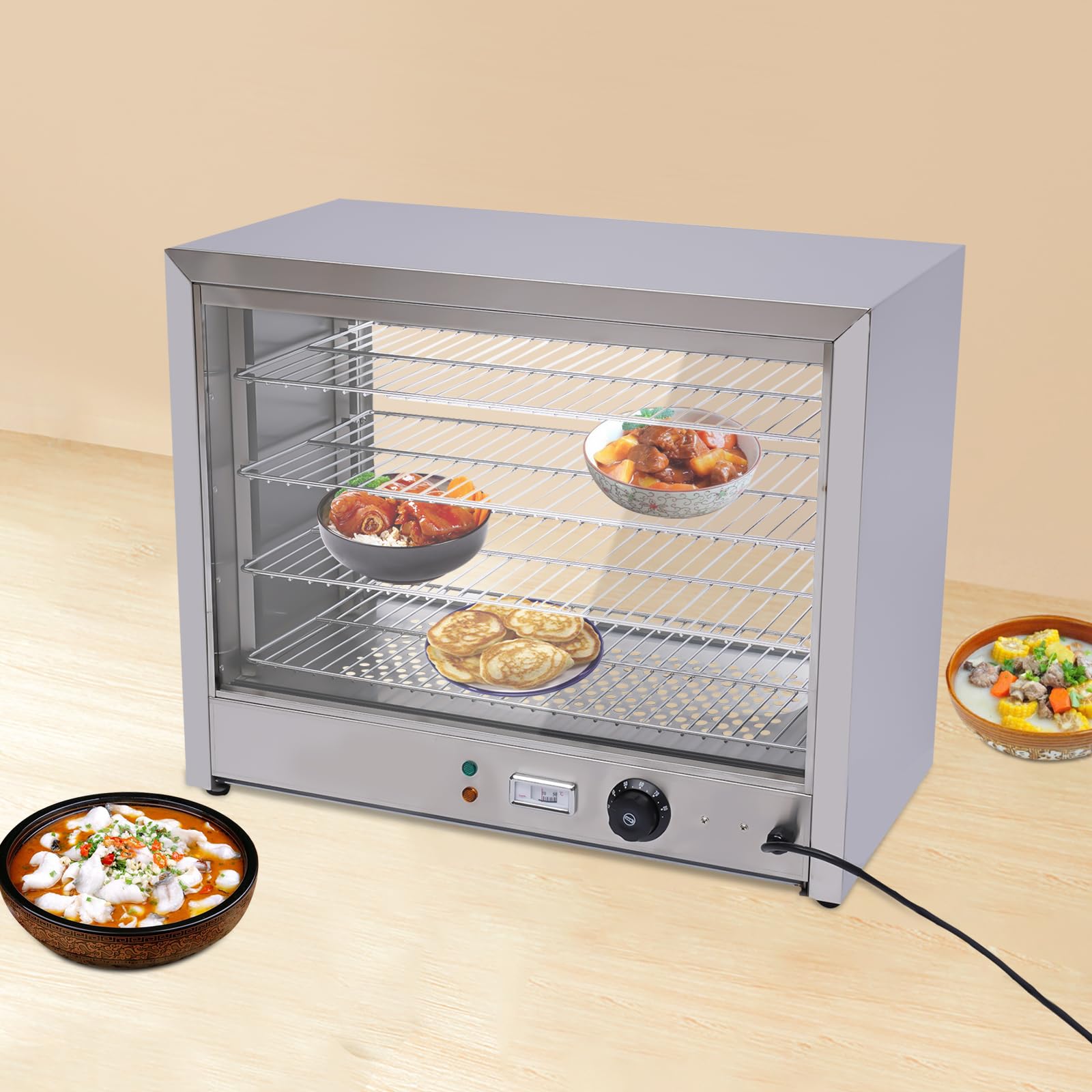 Vetrina riscaldante a 4 ripiani, per bancone caldo, 30 – 85 °C, 800 W, alta potenza, tempo di isolamento 24 ore, 64 x 34 x 53 cm