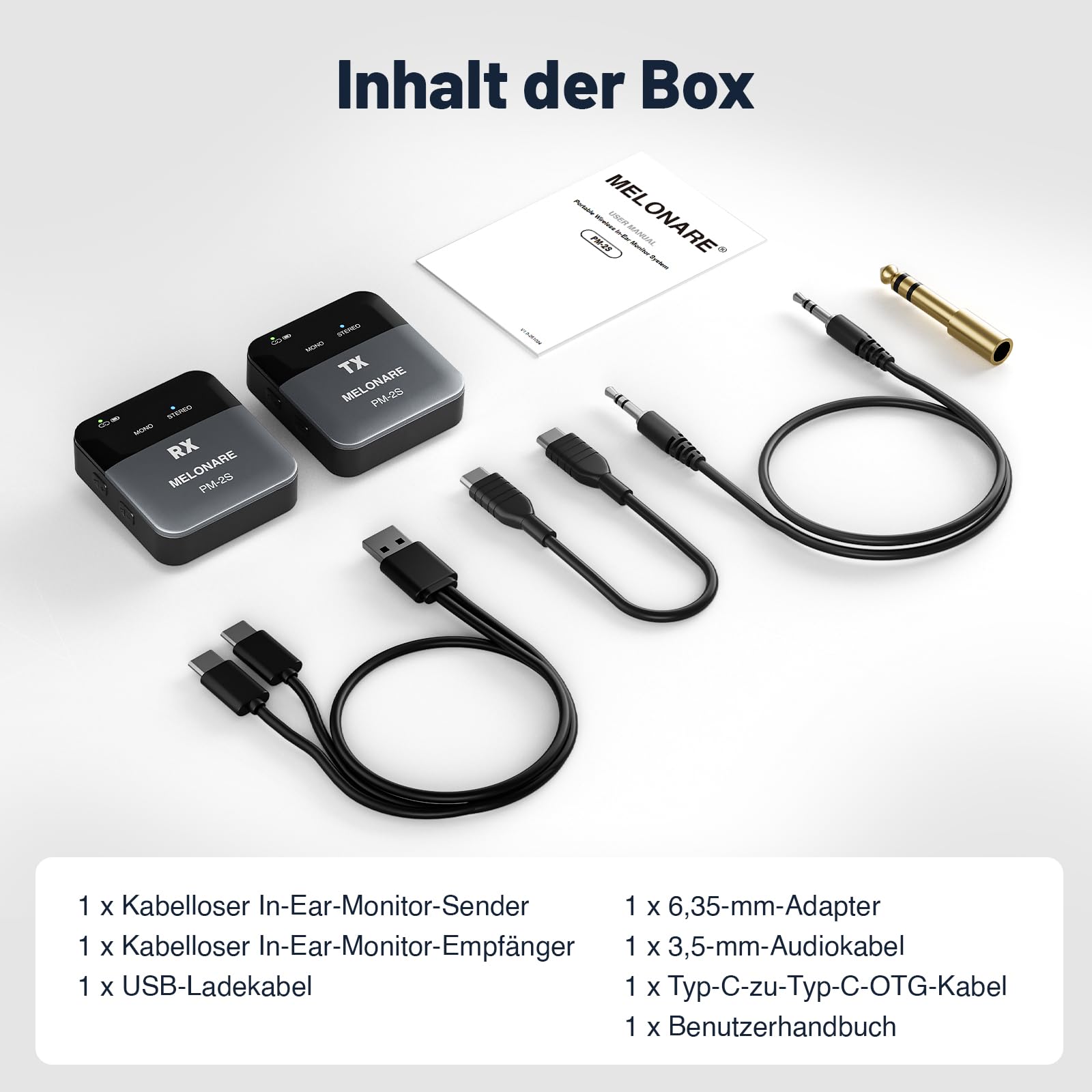 MELONARE PM-2S Tragbares Drahtloses In-Ear-Monitoring-System, Mono/Stereo-Umschaltung, Drahtloser Audio-Sender und -Empfänger, 24bit/48kHz Audio, OTG-Eingang, IEM für Live-Shows, Studios und Bands