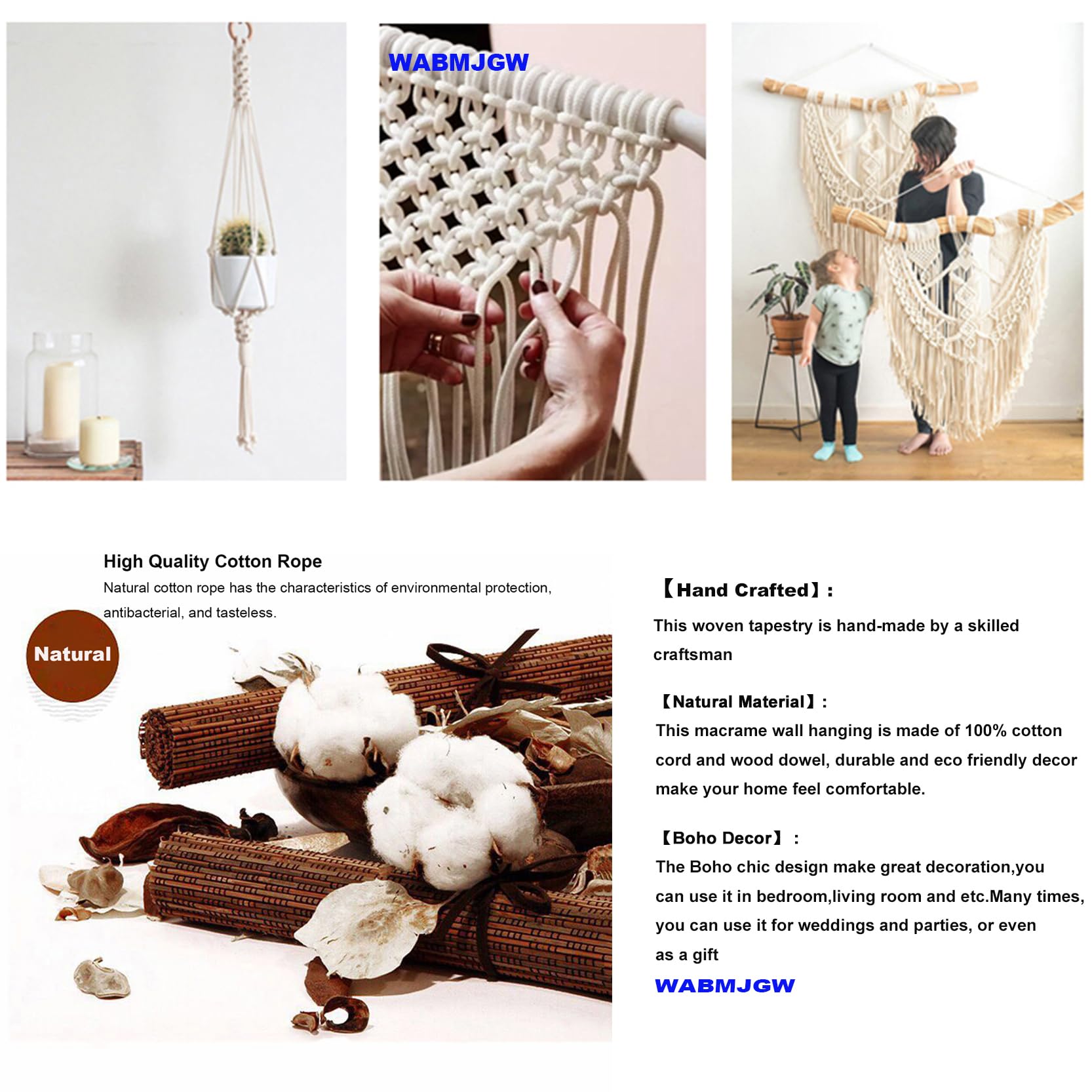 Tapiz de Pared de macramé con borlas y Hojas Tejidas, decoración de Pared Estilo Bohemio Chic, 100% Hecho a Mano, con Cuerda de algodón y Hojas y Plumas,Beige-100 x 140 cm